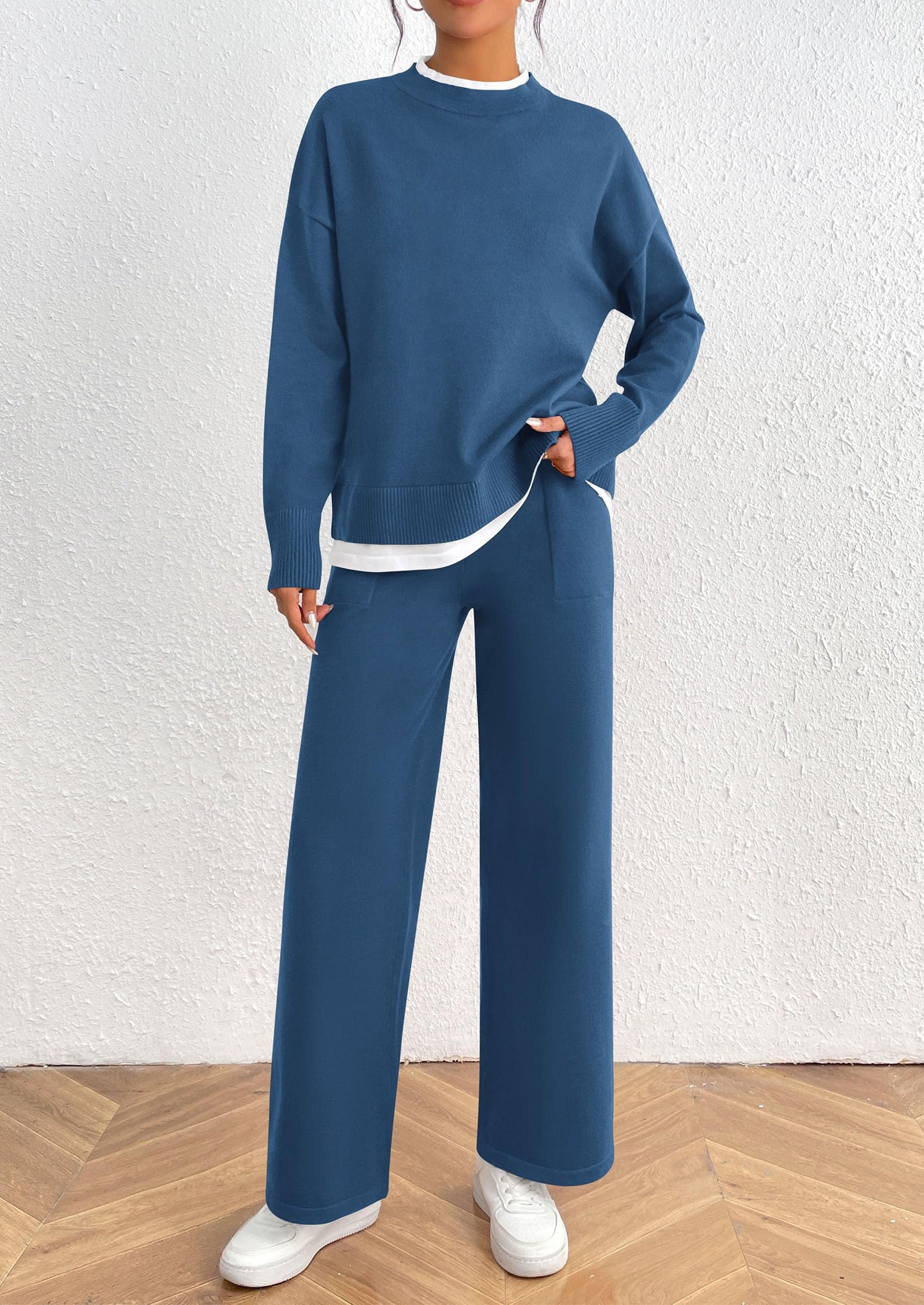 Two Piece Matching Sweater Lounge Sets Knit Long Sleeve Pullover Tops Wide Leg Pants
