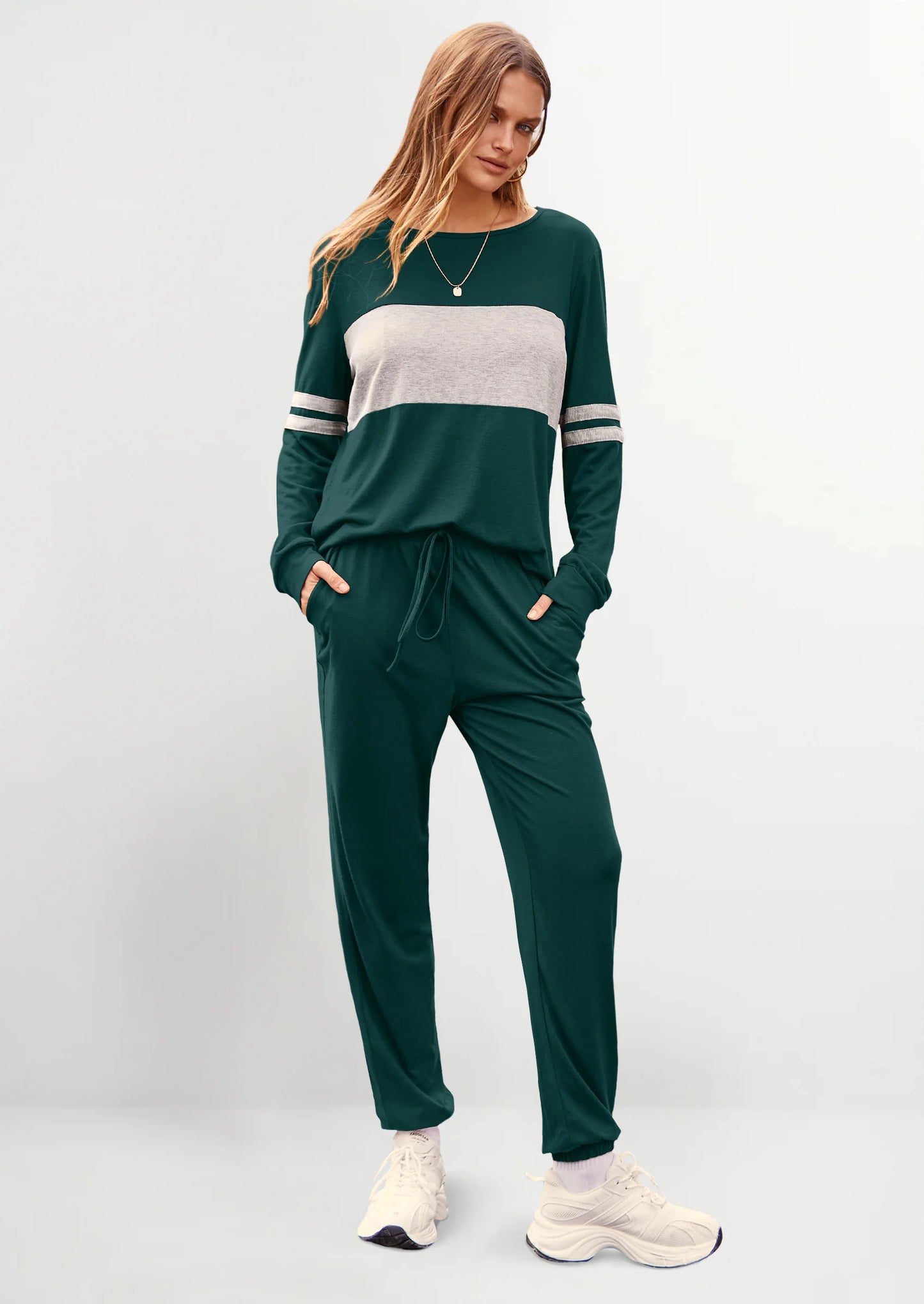 Women's Color Block 2 Piece Spring Tracksuit Crewneck Long Sleeve Tops Long Sweatpants Outfits Lounge Sets