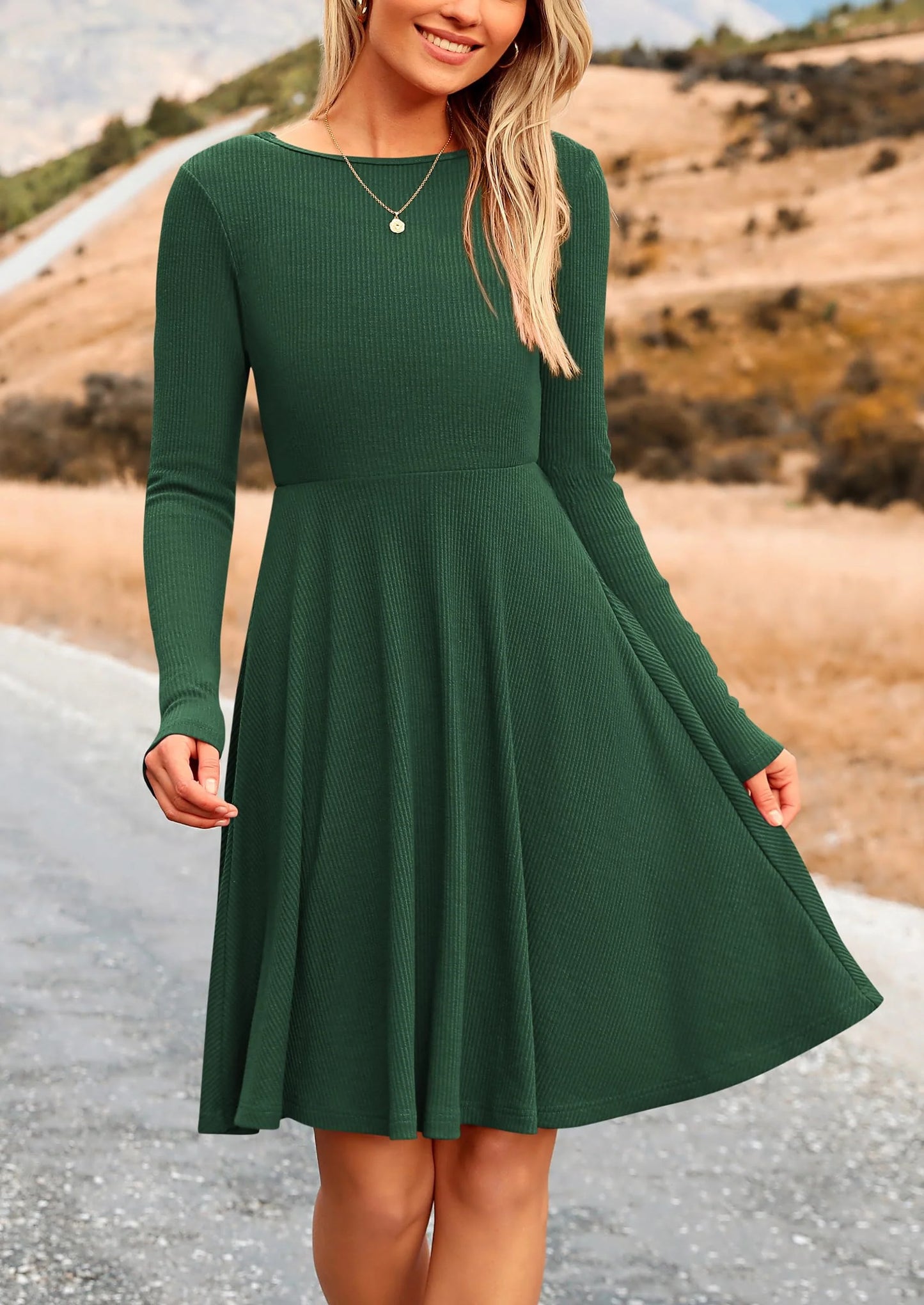 Women's Spring Fall Short Dress Ribbed Knit Crewneck Long Sleeve A Line Flowy Casual Elegant Going Out Dresses