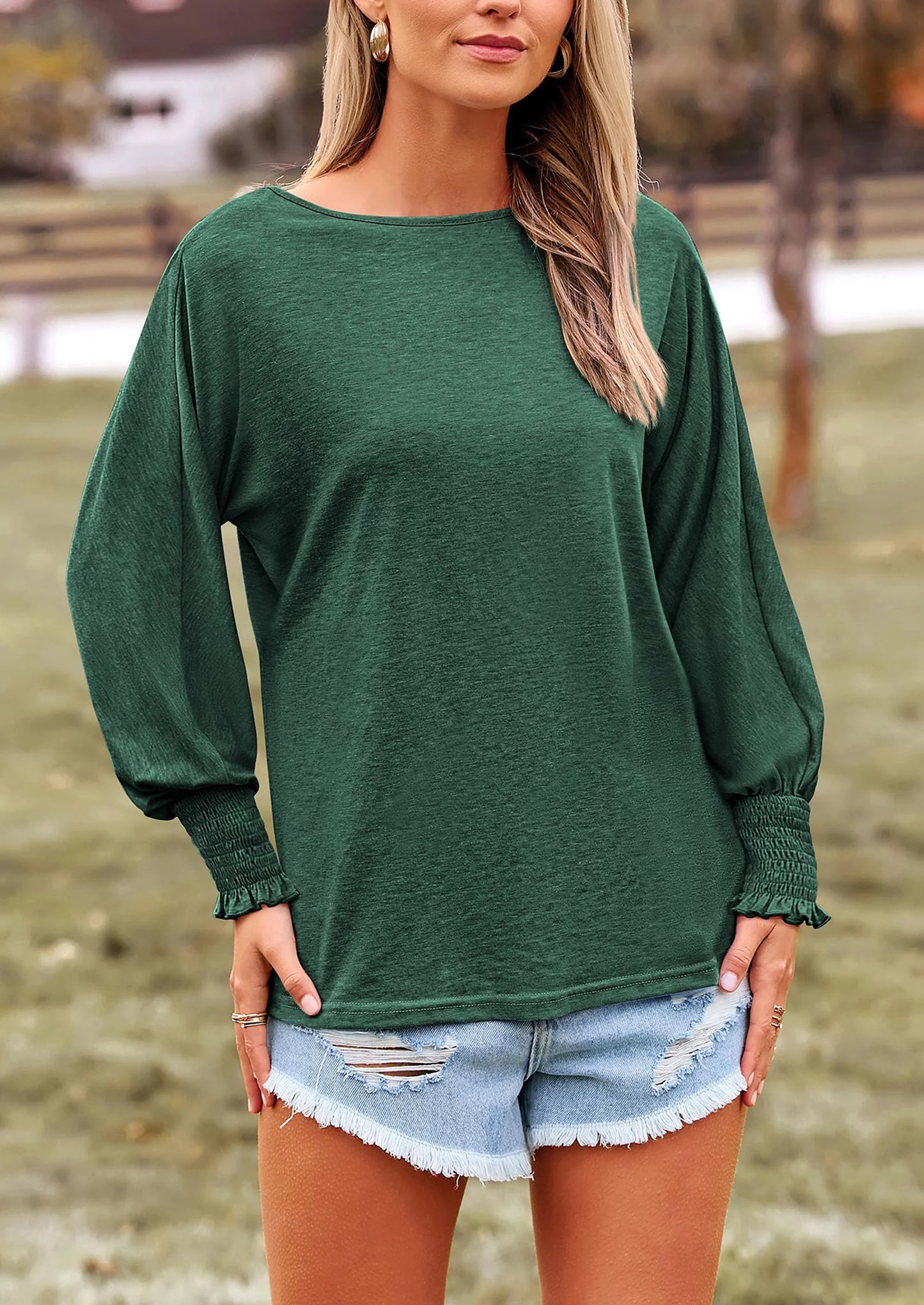 Women's Spring Fashion T Shirts Puff Long Sleeve Crewneck Casual Basic Tee Tops Blouses