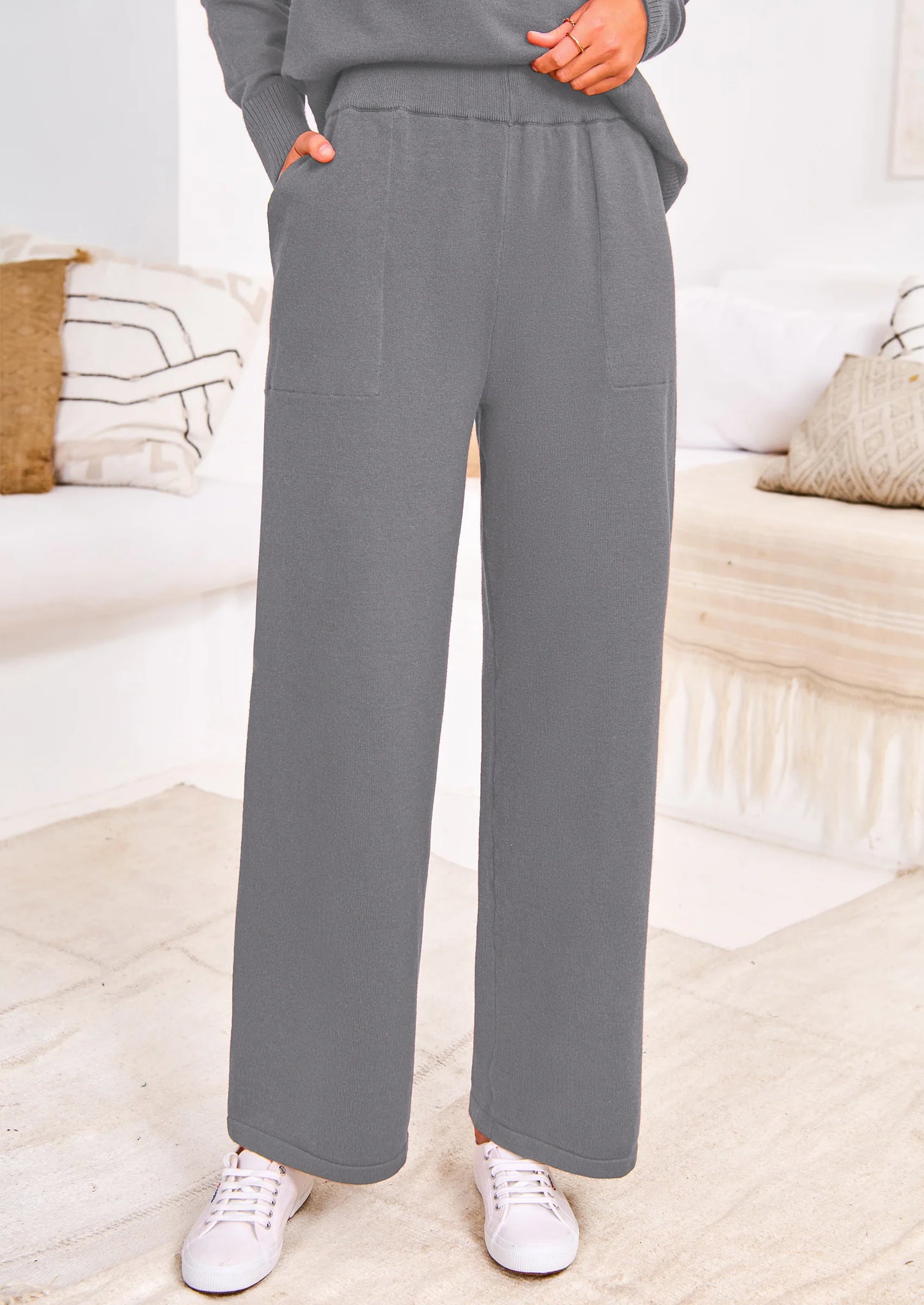 Two Piece Matching Sweater Lounge Sets Knit Long Sleeve Pullover Tops Wide Leg Pants
