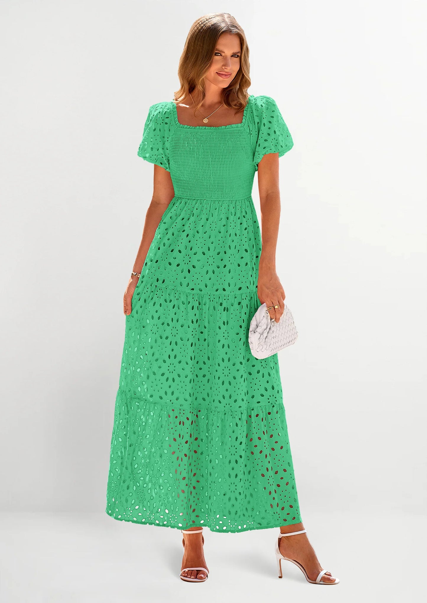 Dresses for Women Eyelet Square Neck Puff Sleeve Smocked Wedding Guest Maxi Dress with Pockets