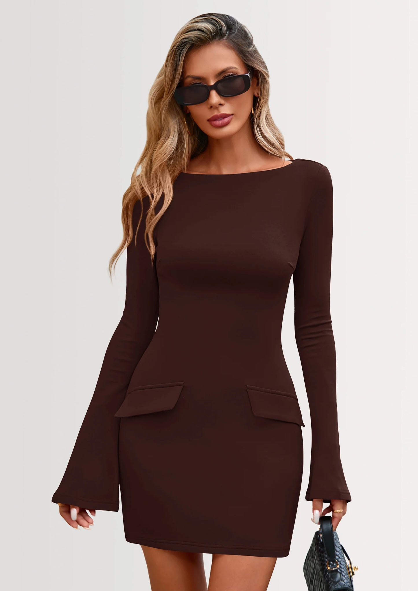 Womens Fall Long Sleeve Mini Dress Trendy Boat Neck Bodycon Knit Elegant Short Party Dresses