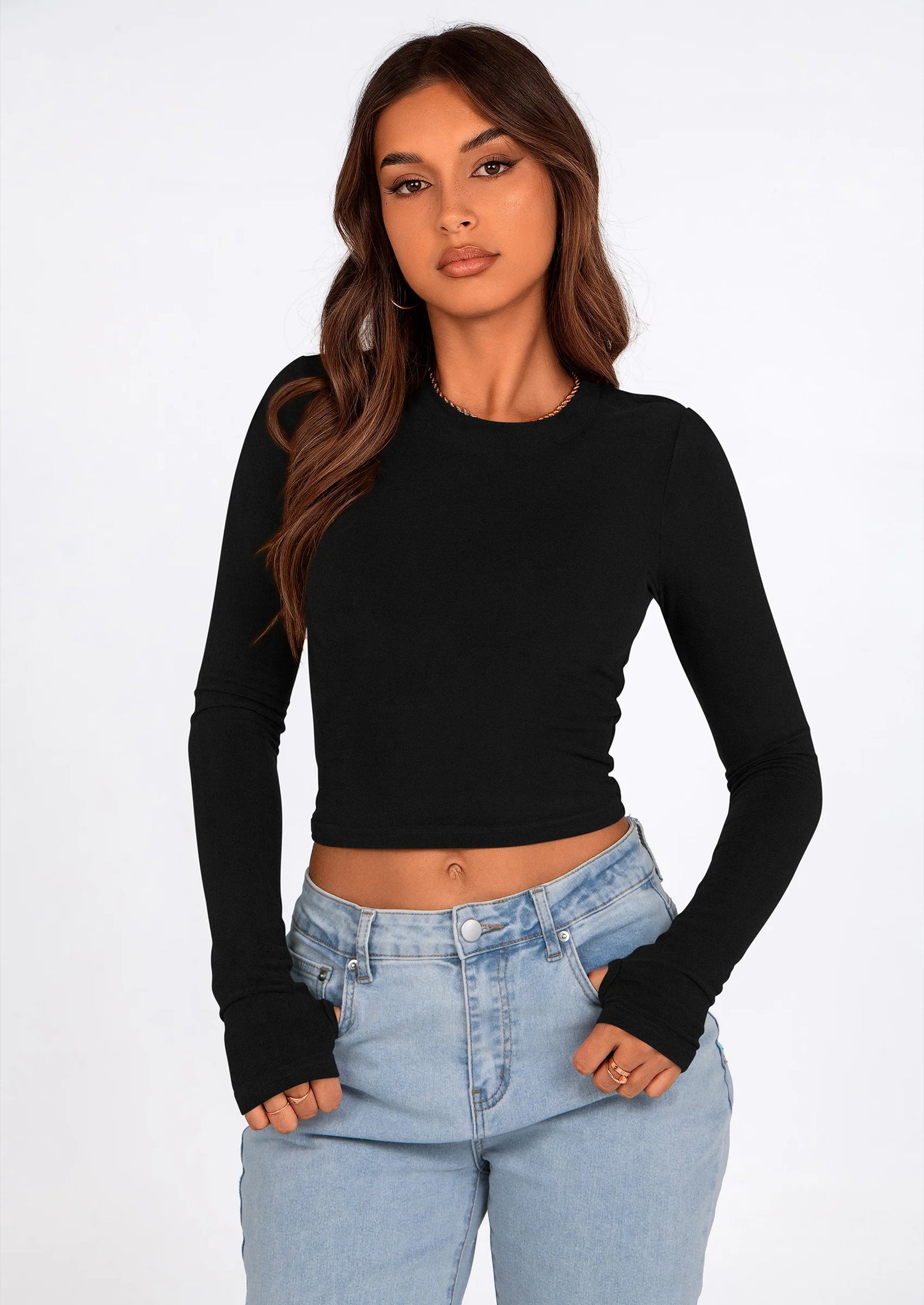 Women's Long Sleeve Crop Tops Y2K Spring Fall Fashion Clothes Basic Slim Fit Tee Shirts Blouse
