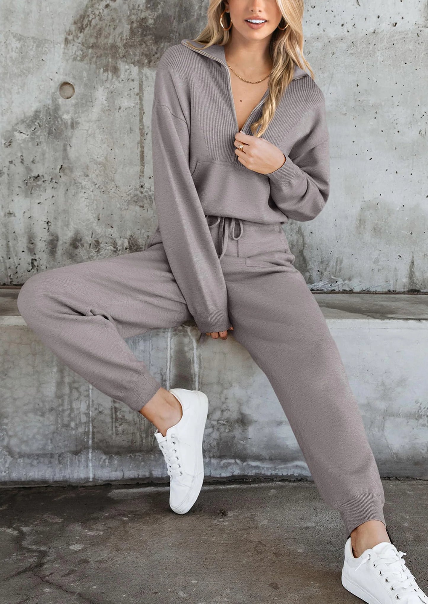 Women's 2 Piece Sweater Set Pullover Zip Up Sweatshirt Jogger Sweatpants Tracksuit Casual Outfit