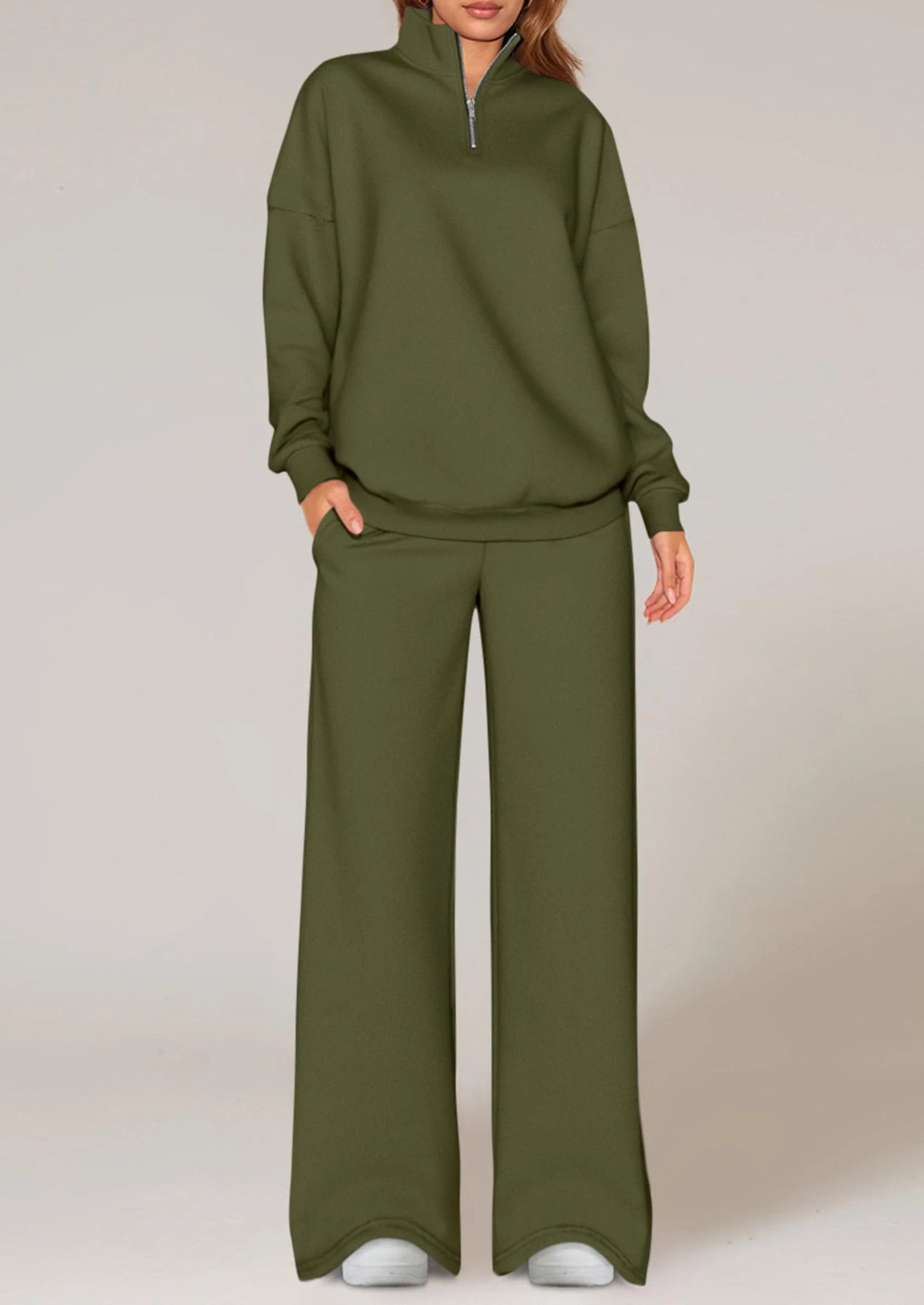 Womens Casual Two Piece Sets Fall Outfits Quarter Zip Sweatshirts Straight Leg Pants Sweatsuits Tracksuit