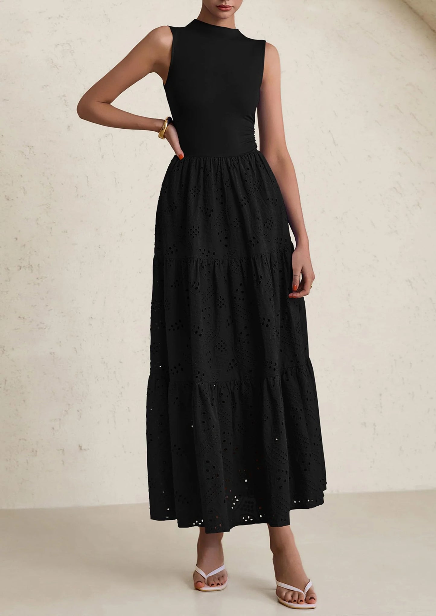 Dresses for Women Casual Eyelet Sleeveless Wedding Guest Maxi Dress Tank Top Sundress with Pockets