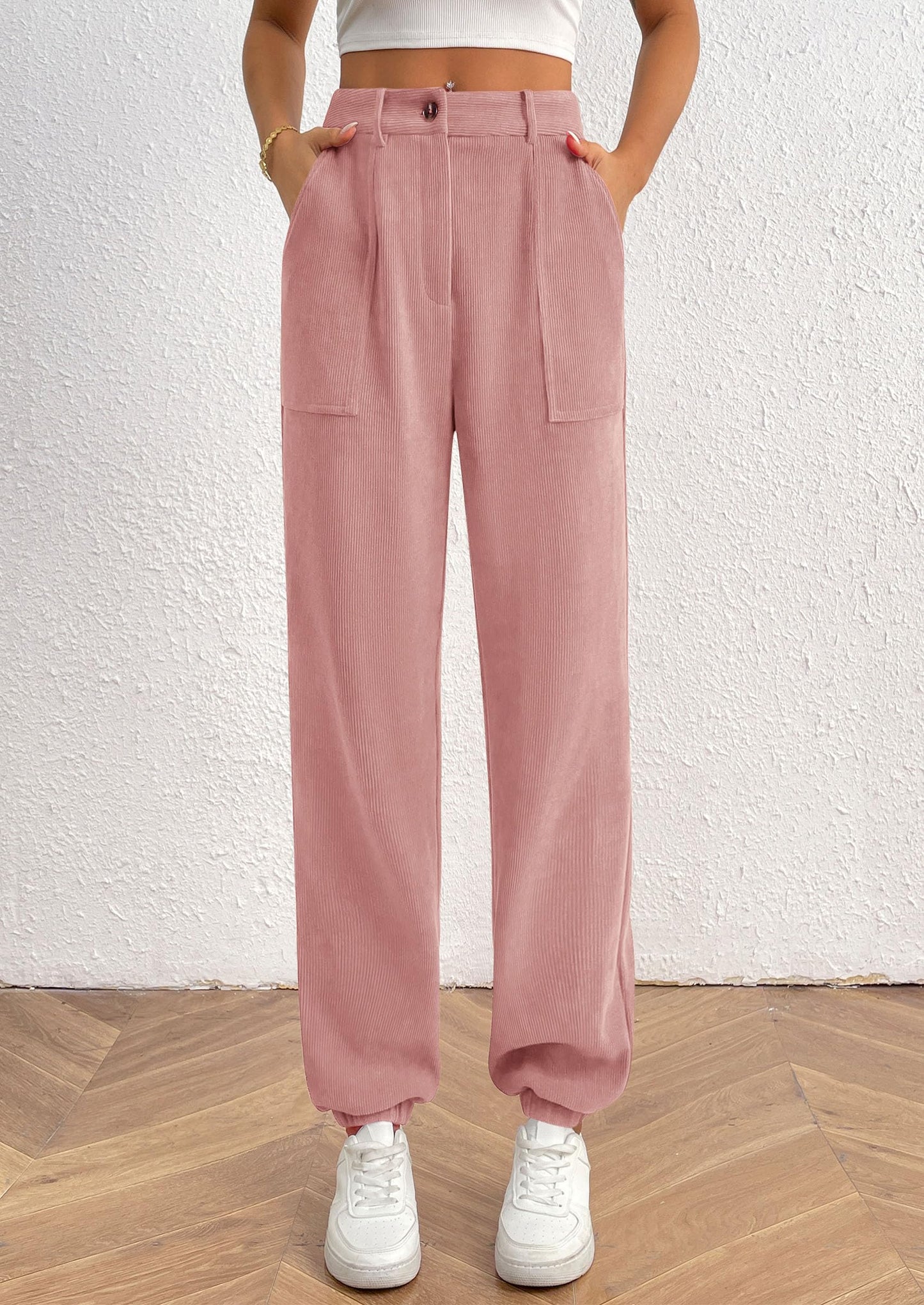 Women's Pants Dressy Casual Fall Elastic High Waisted Work Office Corduroy Trouser Slacks with Pockets