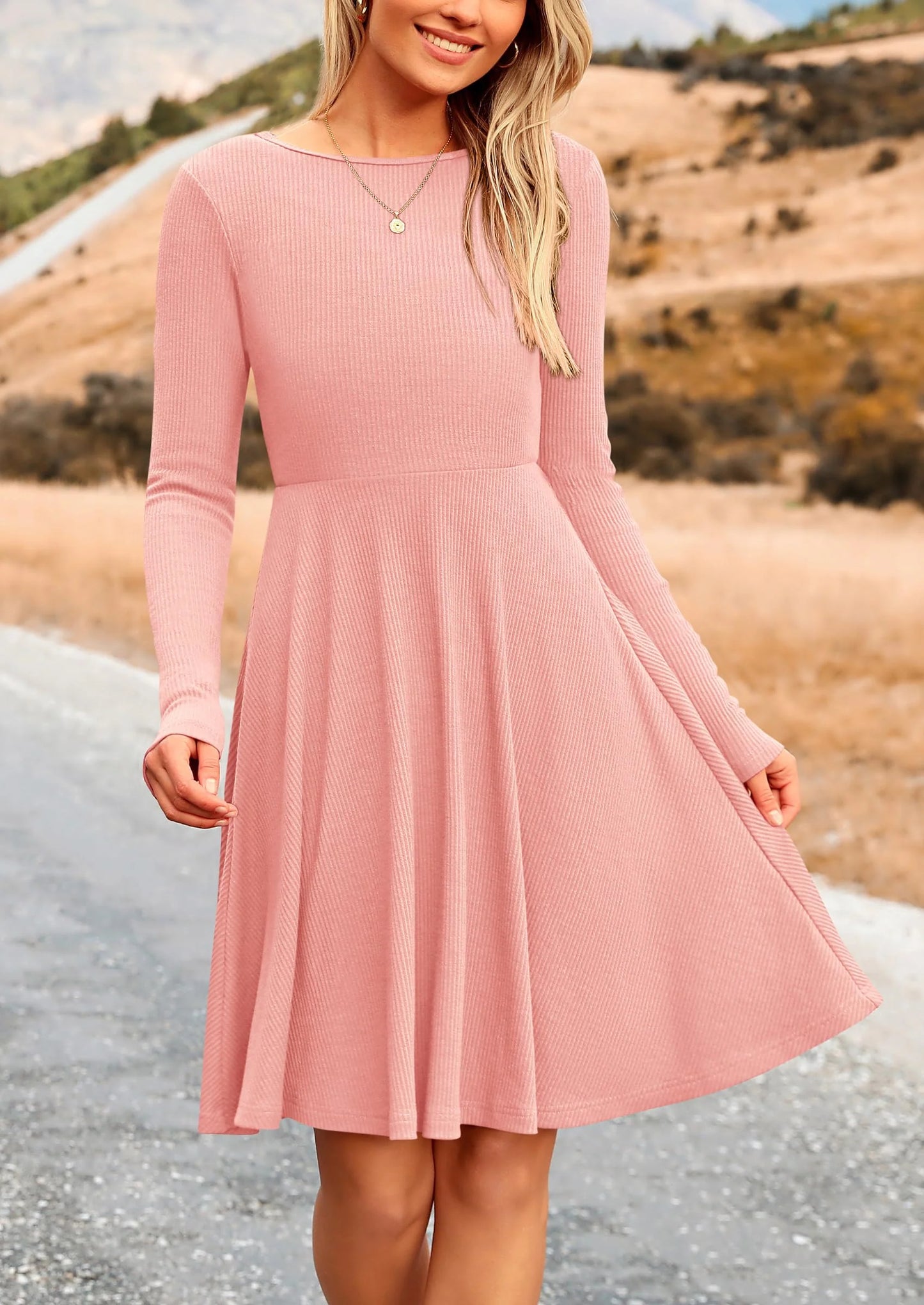 Women's Spring Fall Short Dress Ribbed Knit Crewneck Long Sleeve A Line Flowy Casual Elegant Going Out Dresses