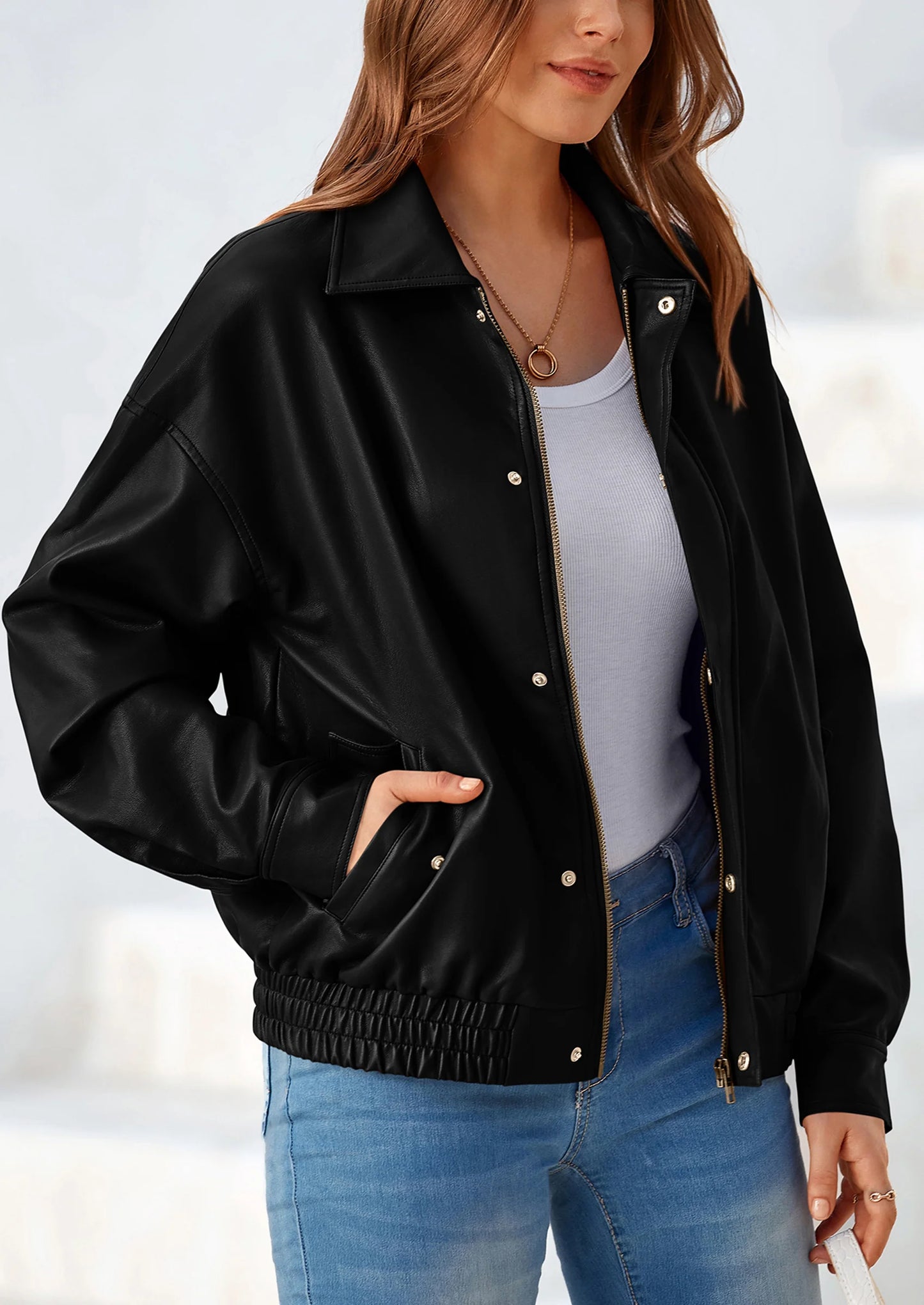Women's Faux Leather Motorcycle Jacket Trendy Fall Spring Clothes Oversized Zip Up Winter Coat Outerwear