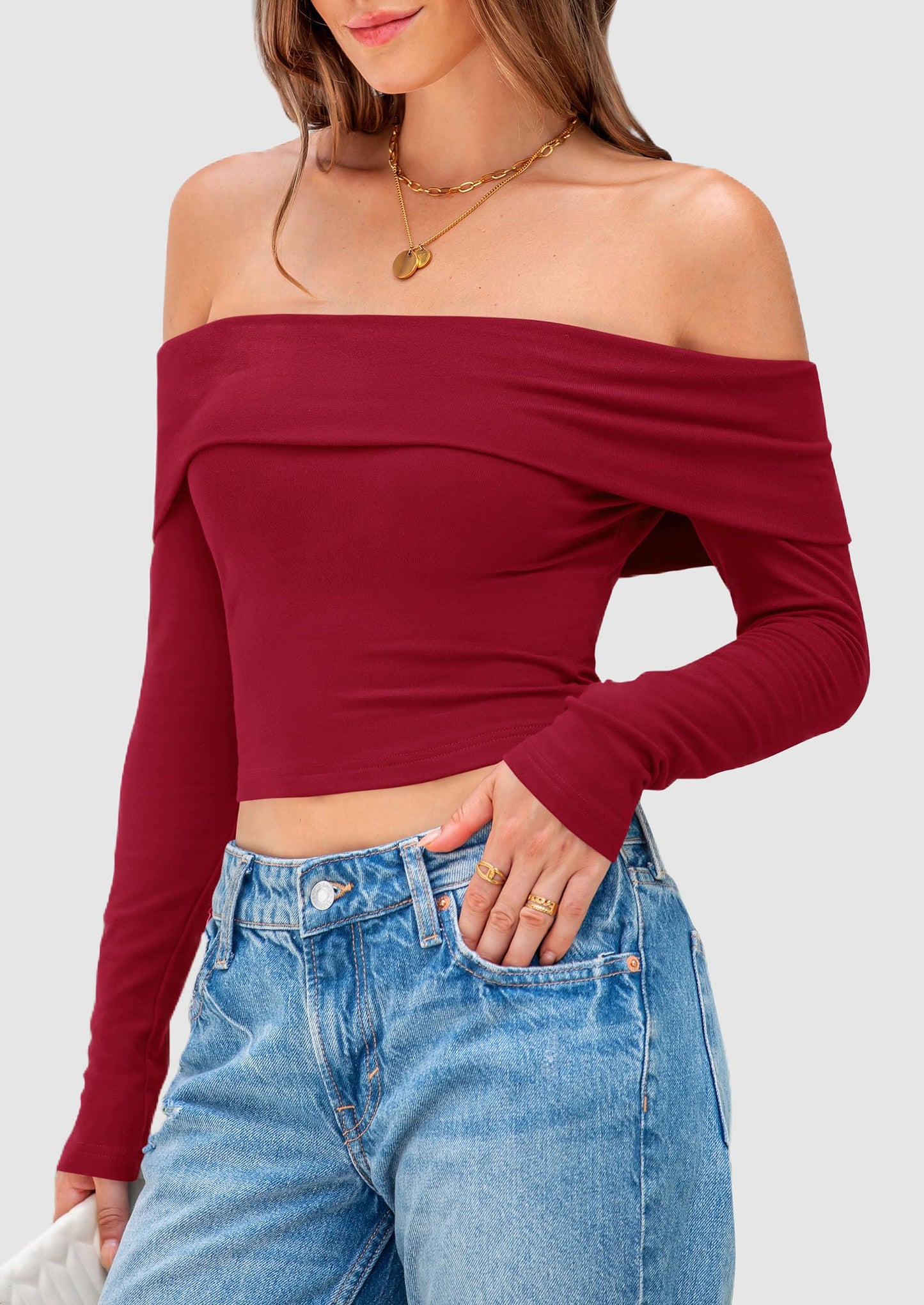 Off The Shoulder Tops for Women Long Sleeve Shirts Trendy Going Out Crop Top Spring Fashion Clothes