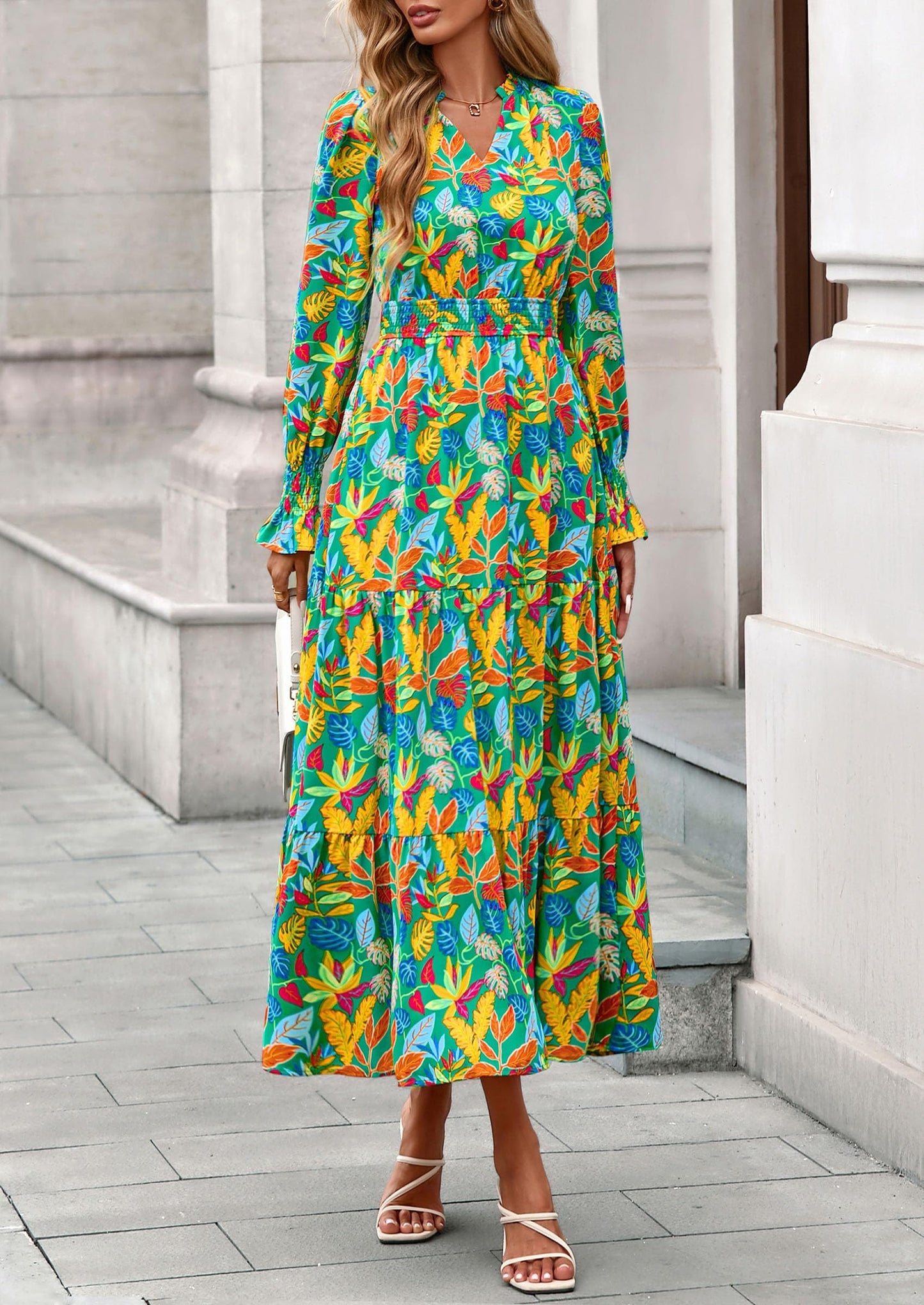 Women's Floral Maxi Dress Spring Long Sleeve V Neck Casual A Line Long Flowy Boho Party Dresses
