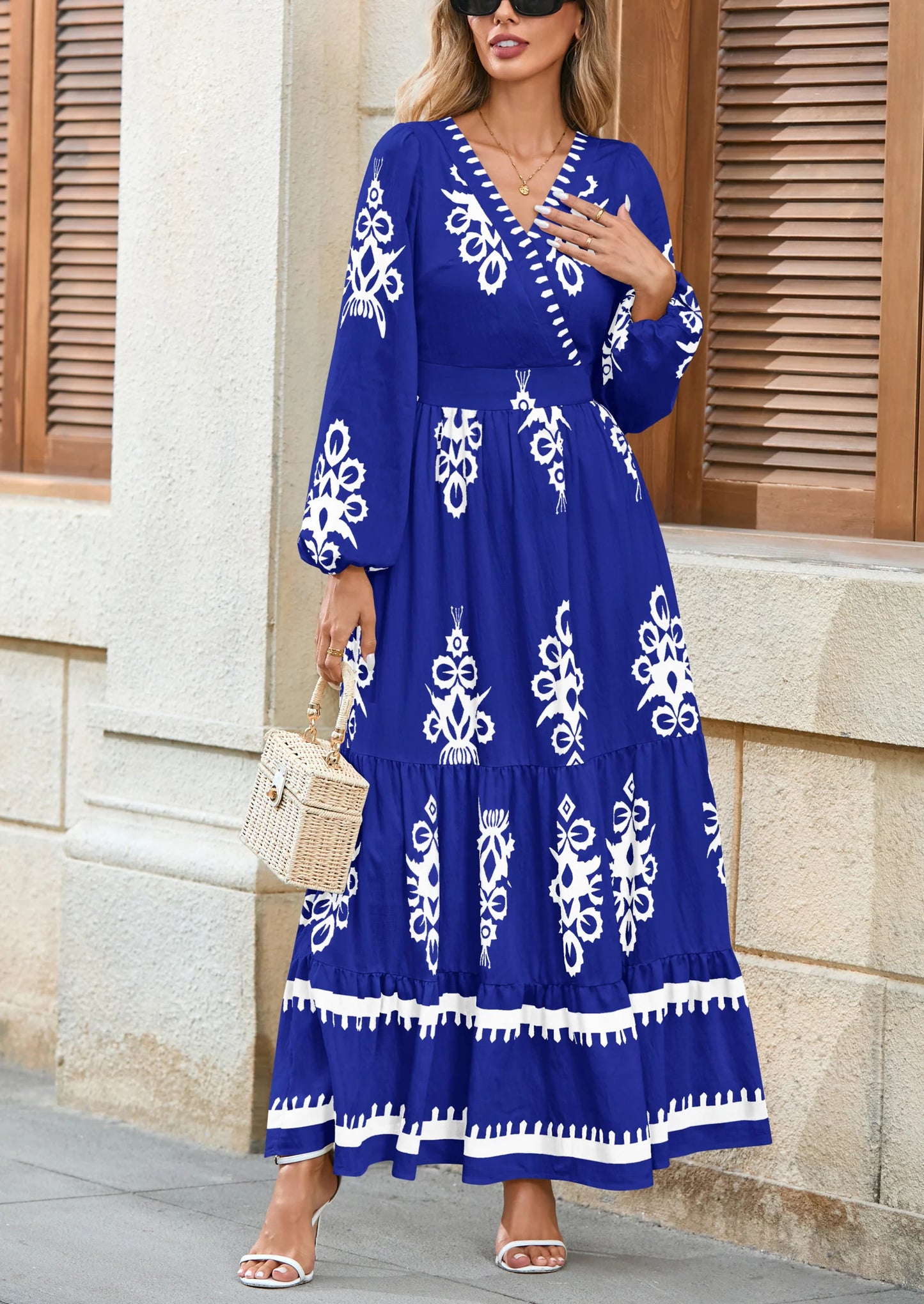 Women's Fall Wedding Guest Dresses Boho Floral Long Sleeve V Neck Flowy Elegant Maxi Dress Beach Clothes
