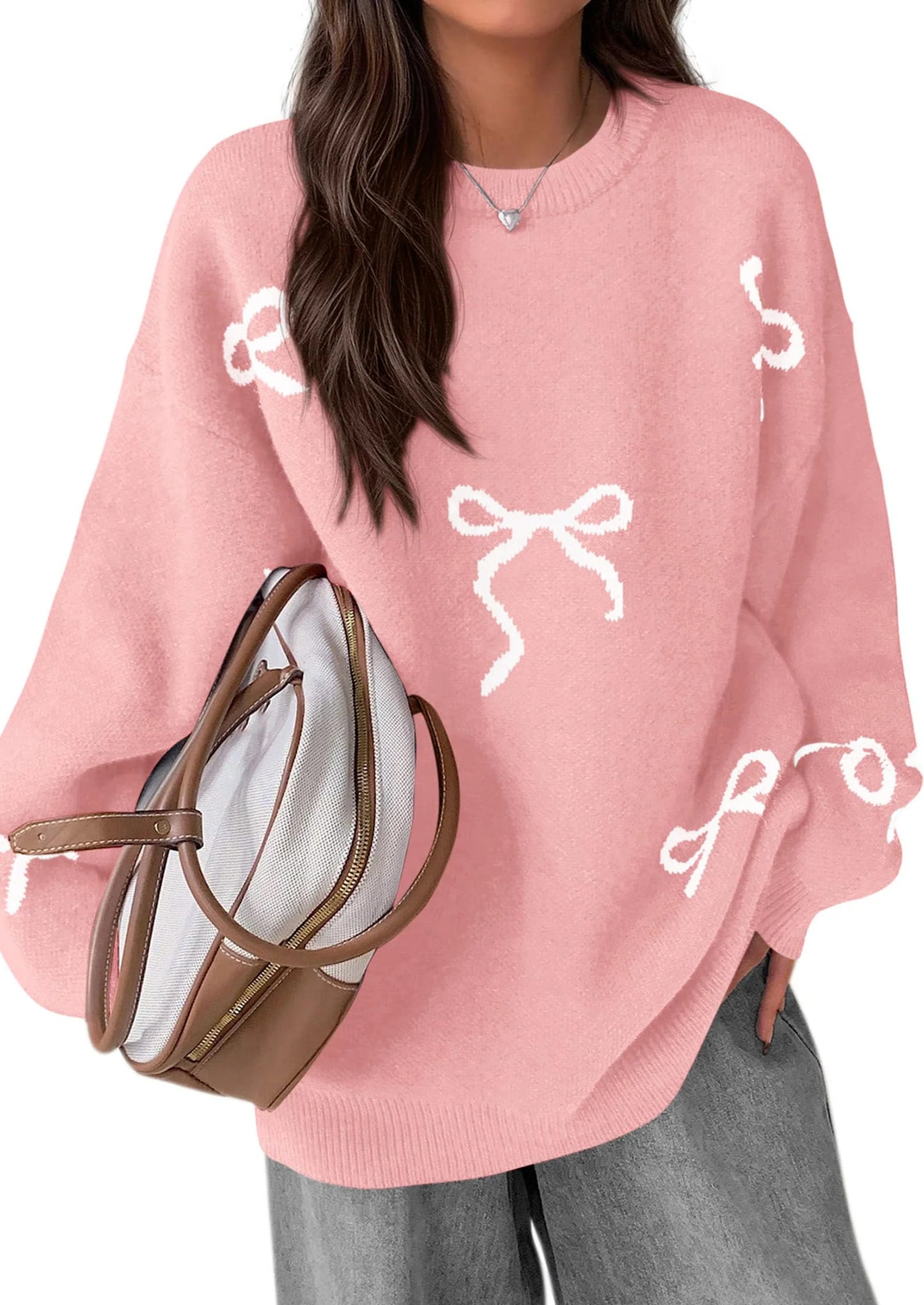 Fall Long Sleeve Pullover Sweaters for Women Trendy Crewneck Casual Cute Bow Chunky Knit Oversized Sweater