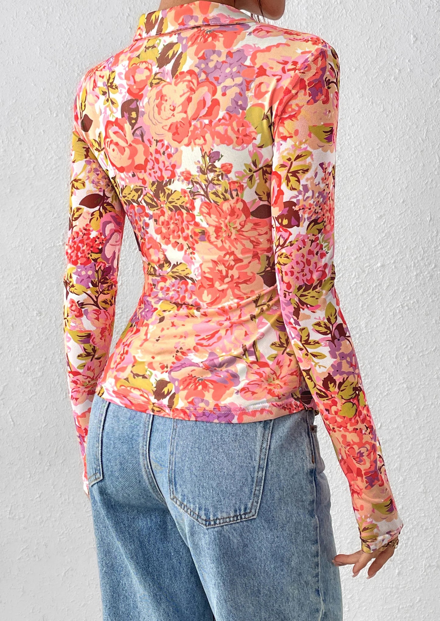 Women Button Down Floral Shirts Fall Trendy Long Sleeve V Neck Ruched Fitted Mesh Blouse Tops Date Outfits