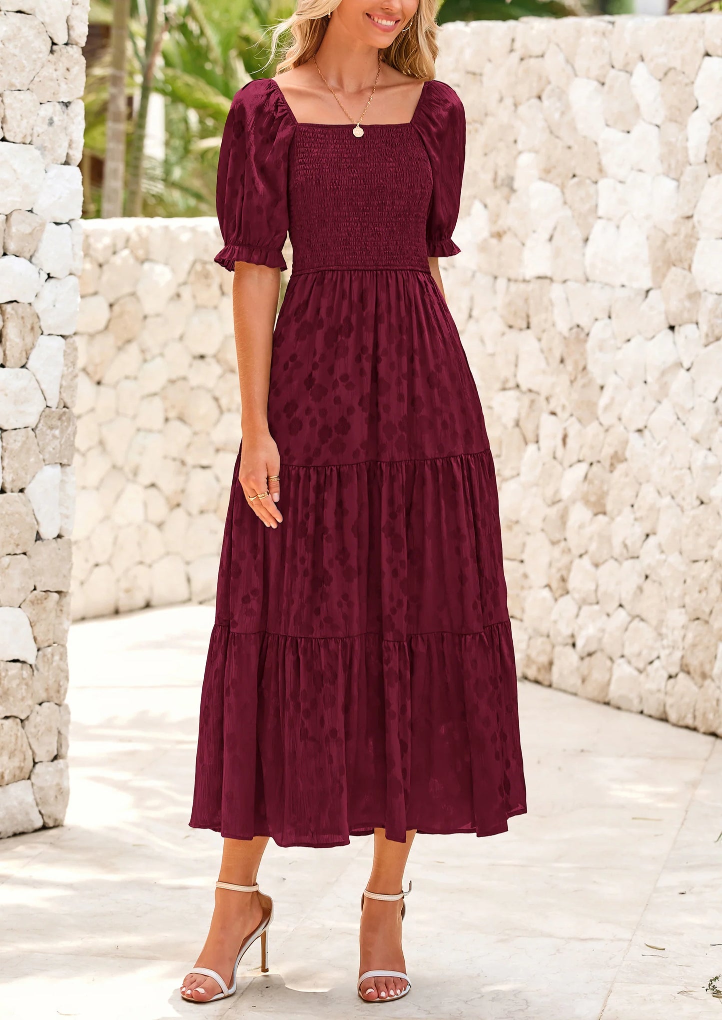 Women's Casual Midi Dresses Square Neck Short Sleeve Smocked A Line Floral Flowy Elegant Boho Dress