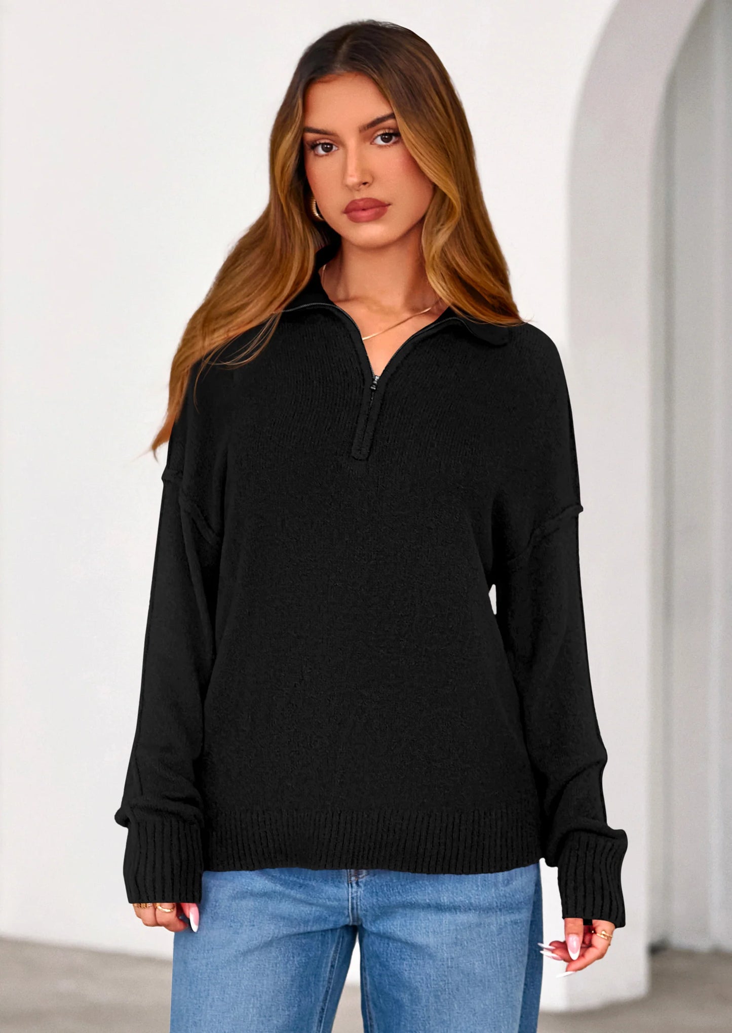 Womens Sweaters Quarter Zip Pullover Early Fall Fashion Long Sleeve V Neck Collared Knit Winter Jumper Tops