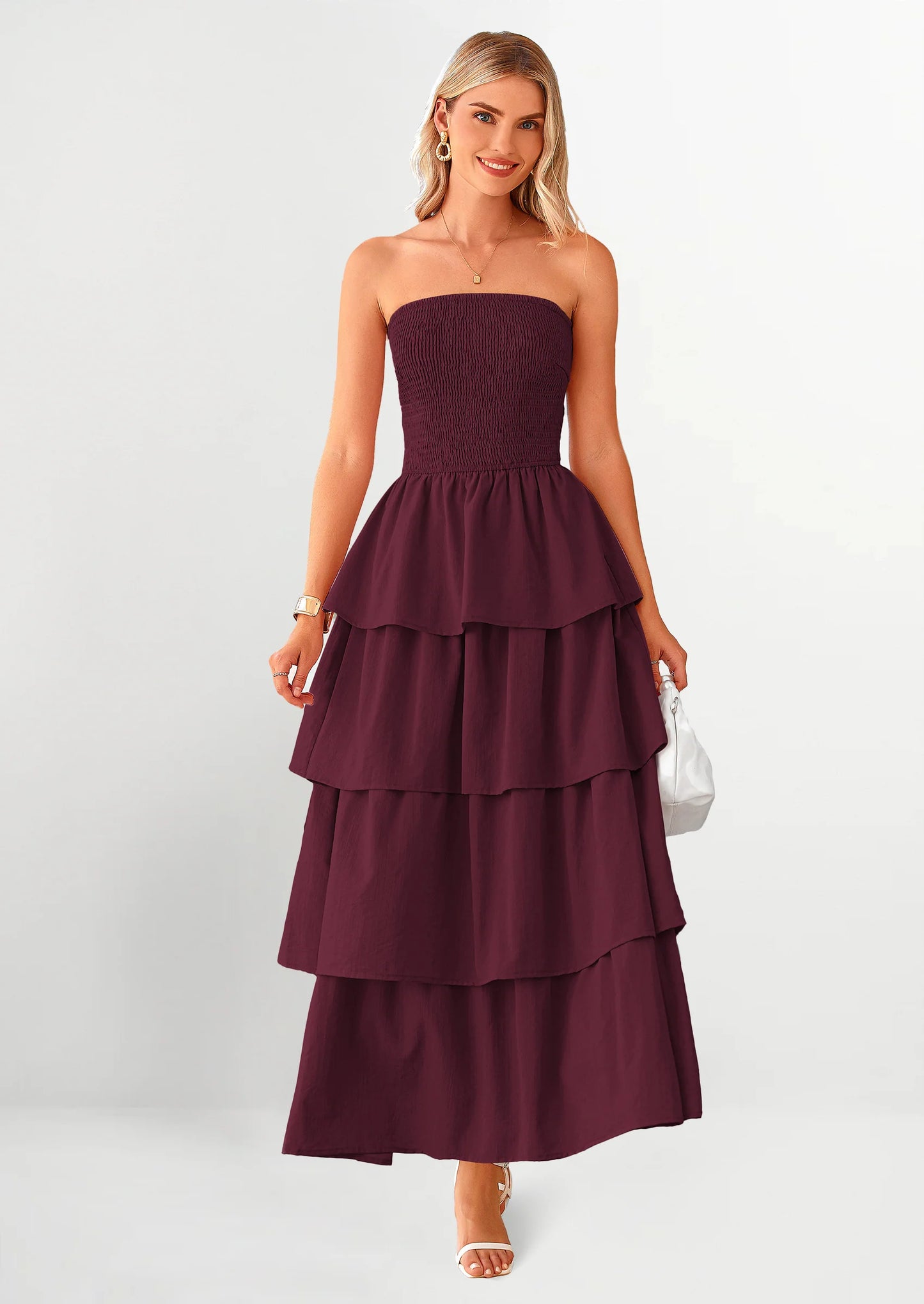 Maxi Dresses for Women Off Shoulder Smocked Tiered Ruffle Long Flowy Wedding Guest Dress