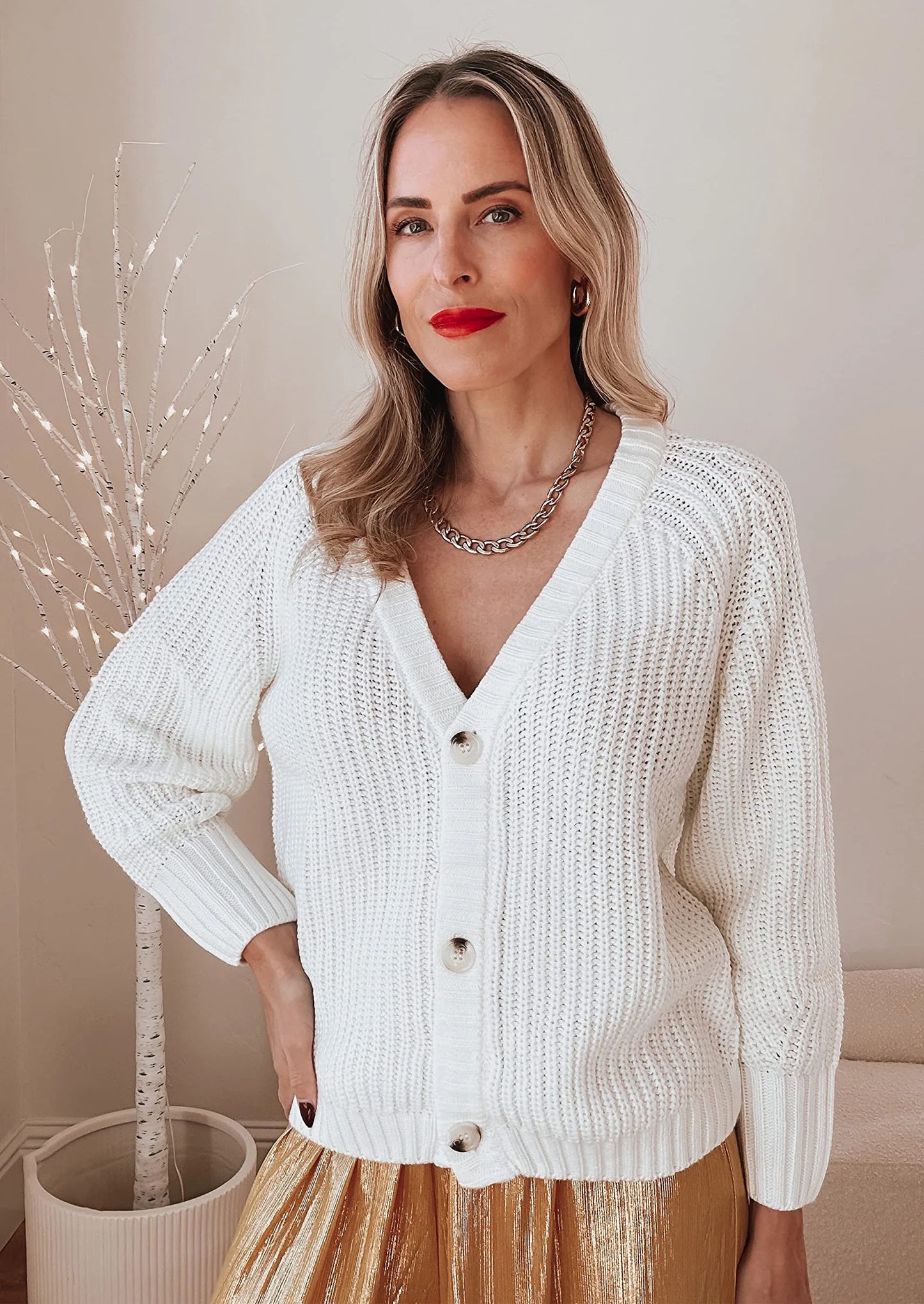 Women's Chunky Knit Open Front Sweater Long Sleeve Button Loose Short Cardigan Outerwear Coats