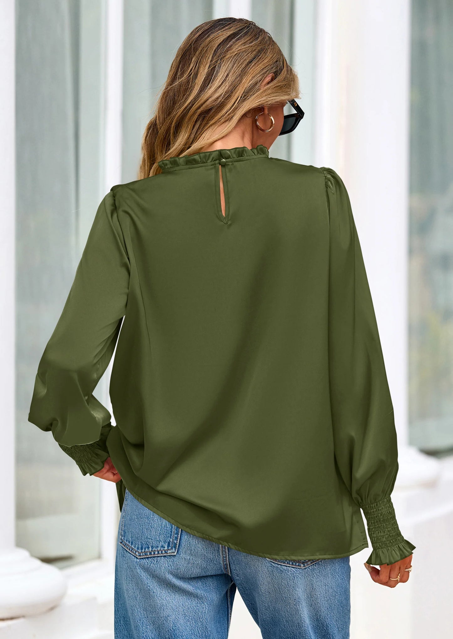 Blouses for Women Dressy Casual Fall Outfits Frill Neck Long Sleeve Shirts Satin Work Business Casual Tops