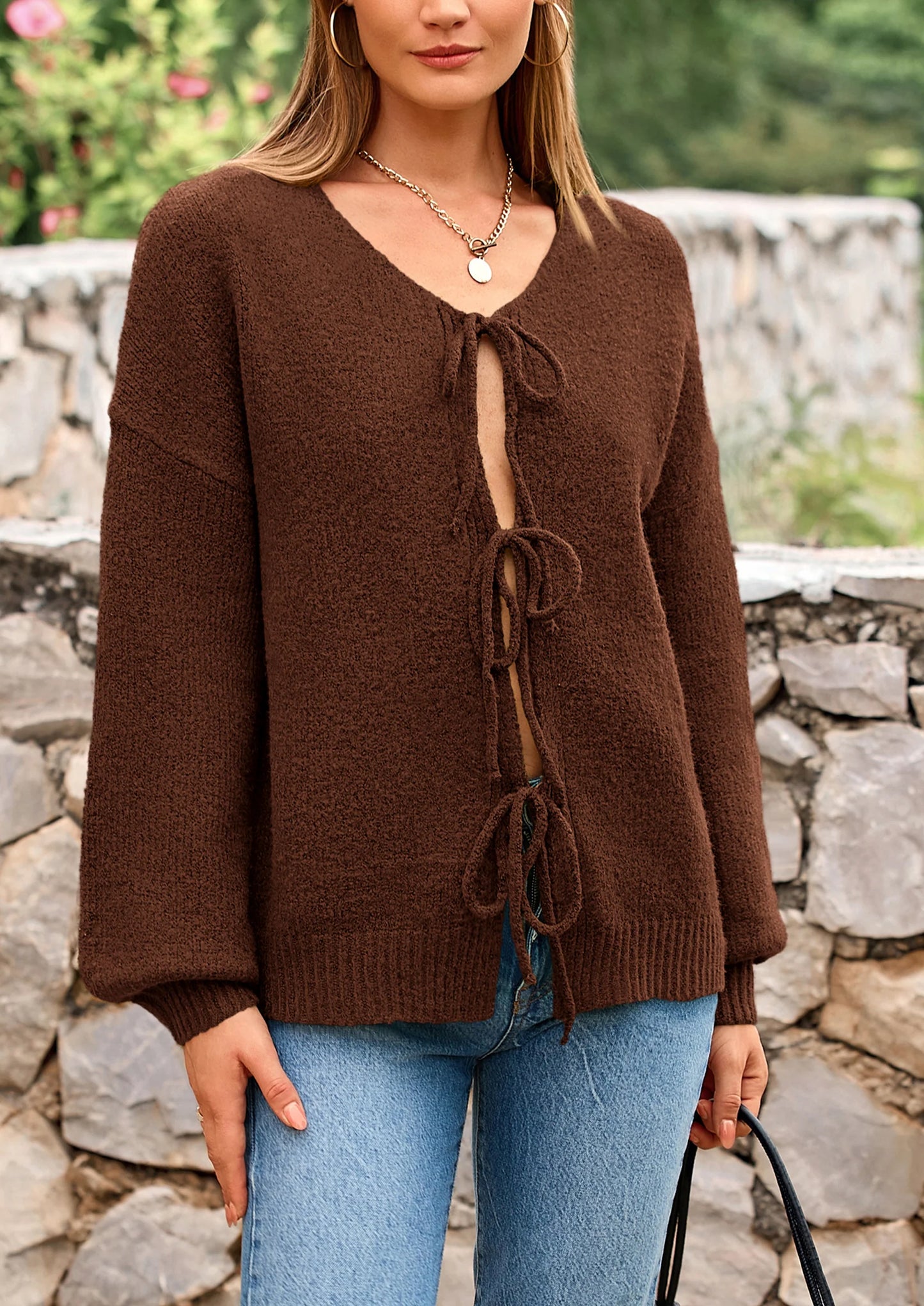 Women's Tie Front Bow Cardigan Sweaters Chunky Knit Long Puff Sleeve Trendy Fall Winter Jacket Coats