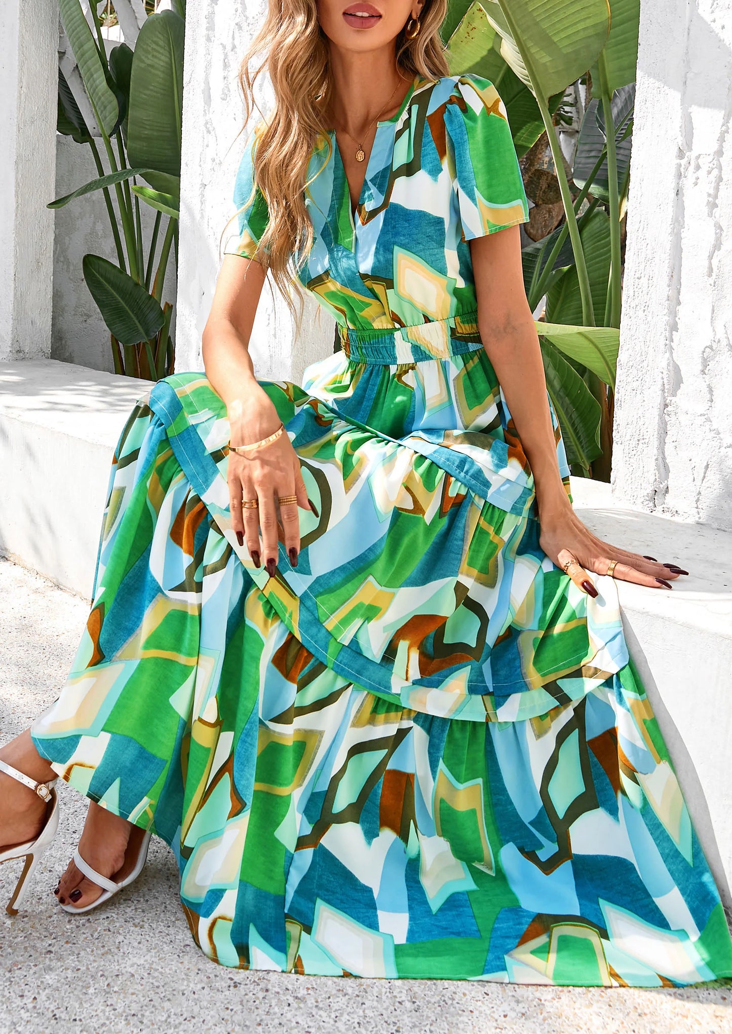 Women's Boho Maxi Dresses Floral Short Sleeve V Neck A Line Tiered Flowy Long Beach Vacation Dress