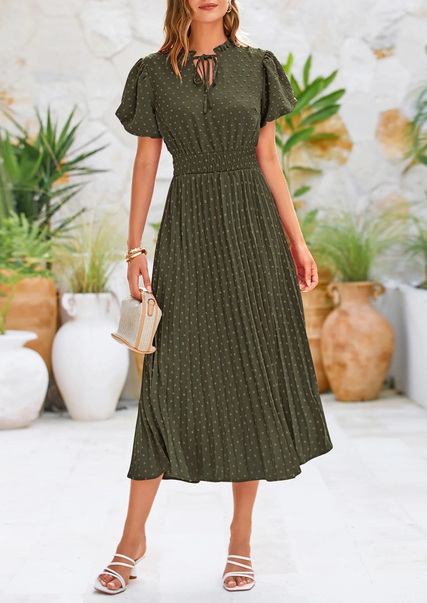 Womens Midi Dresses Puff Short Sleeve V Neck Swiss Dot Pleated A Line Flowy Long Wedding Guest Dress