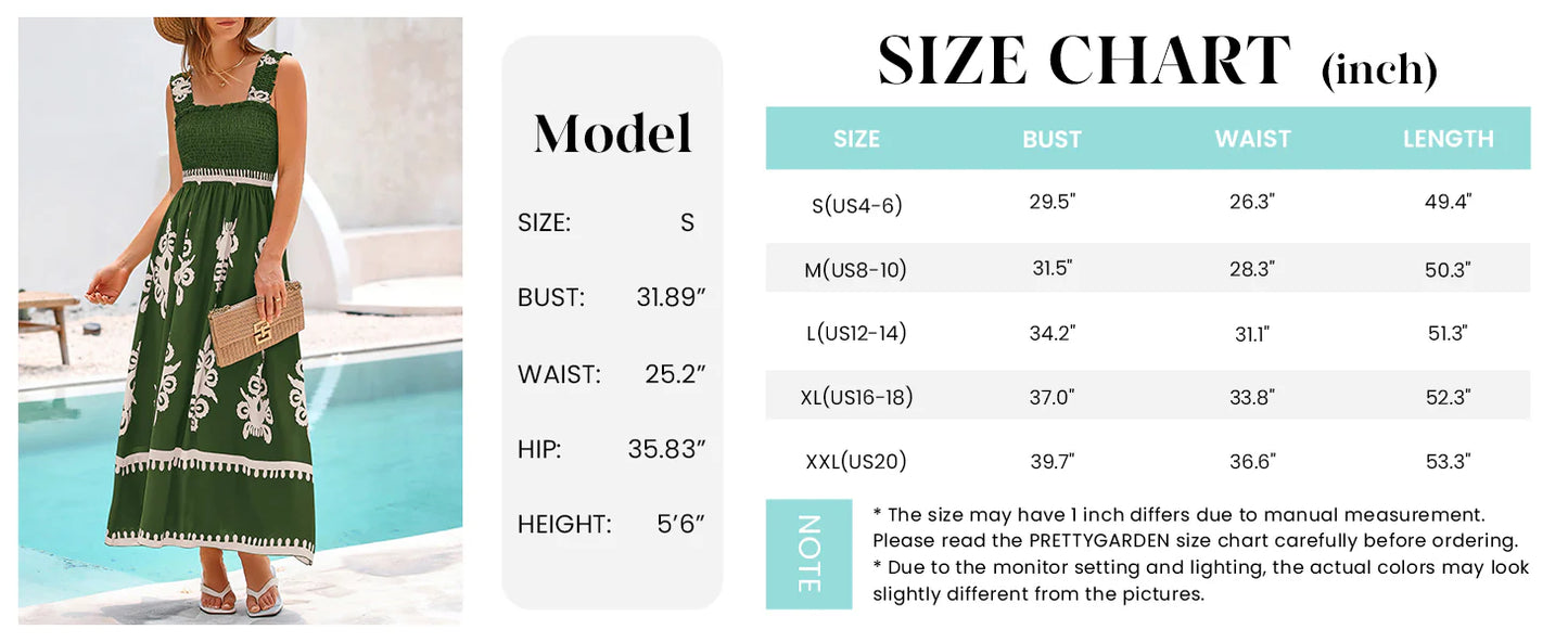 Womens Summer Boho Maxi Dress Casual Sleeveless Square Neck Floral Aline Smocked Beach Dresses with Pockets