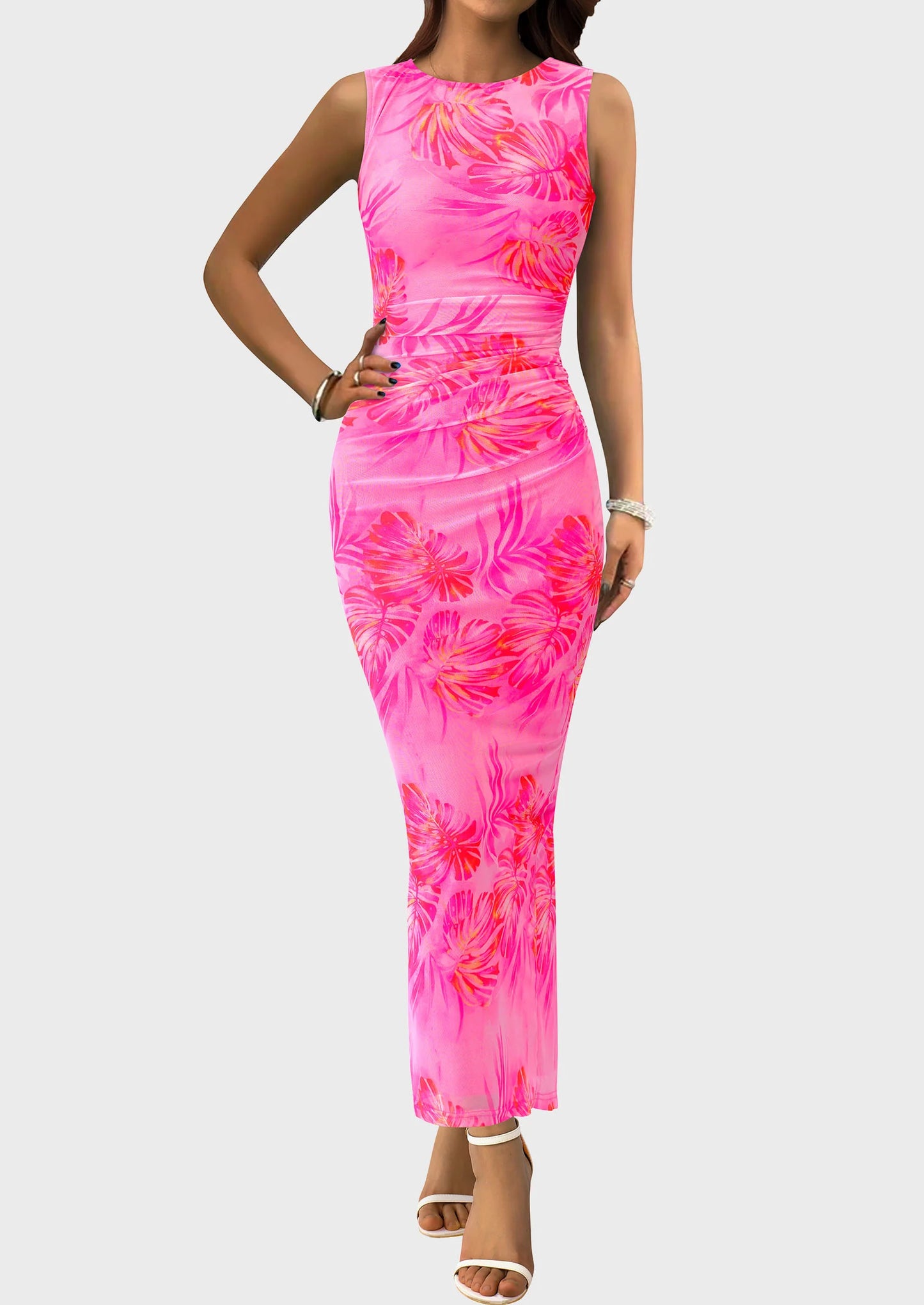 Wedding Guest Dresses for Women Spring Floral Bodycon Sleeveless Mesh Maxi Long Dress