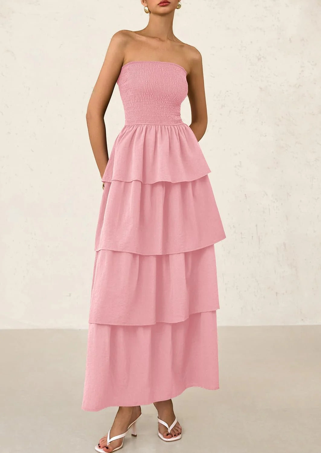 Maxi Dresses for Women Off Shoulder Smocked Tiered Ruffle Long Flowy Wedding Guest Dress