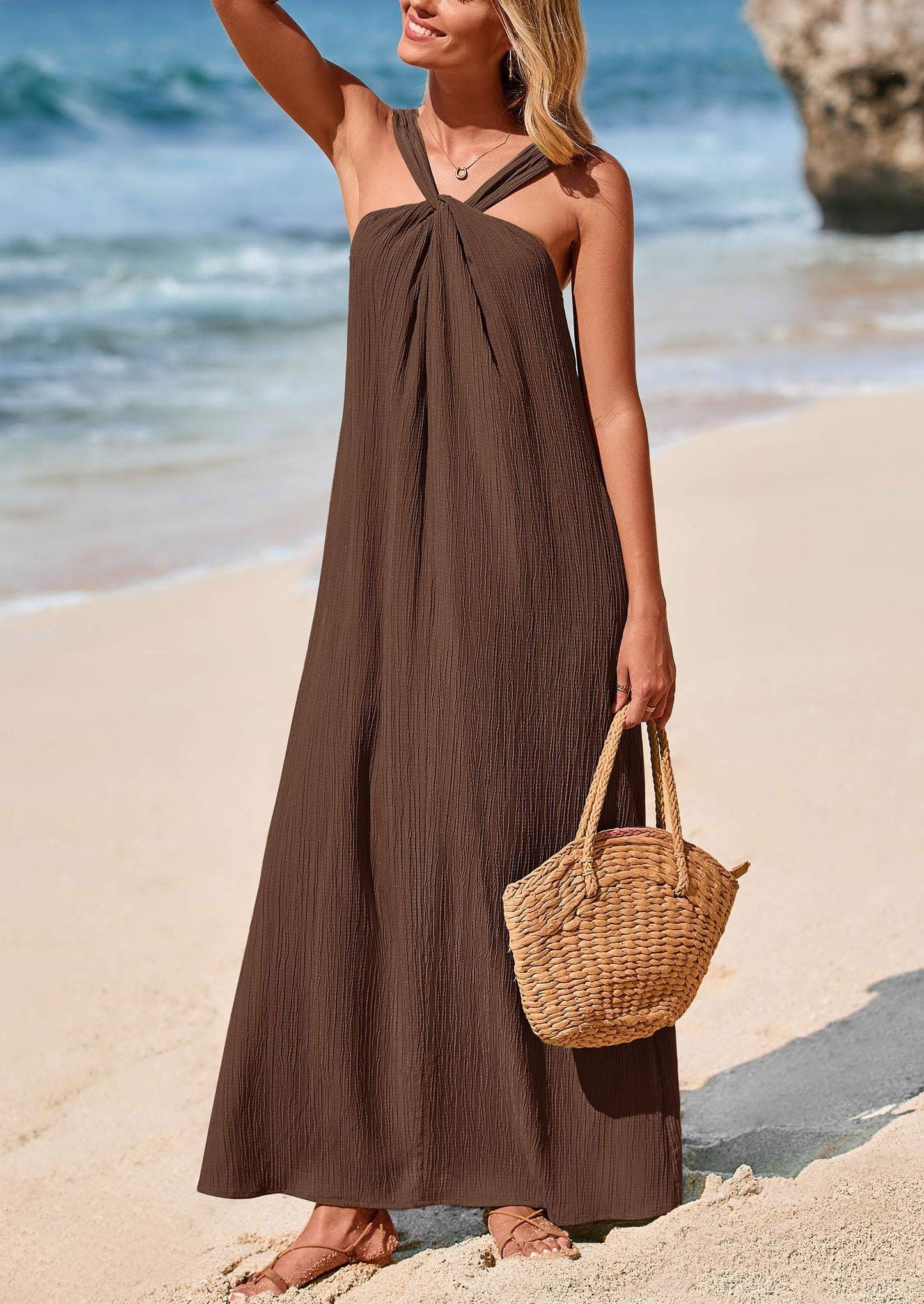 Womens Casual Long Summer Dresses Sleeveless Strappy Loose Flowy Beach Vacation Maxi Dress with Pockets