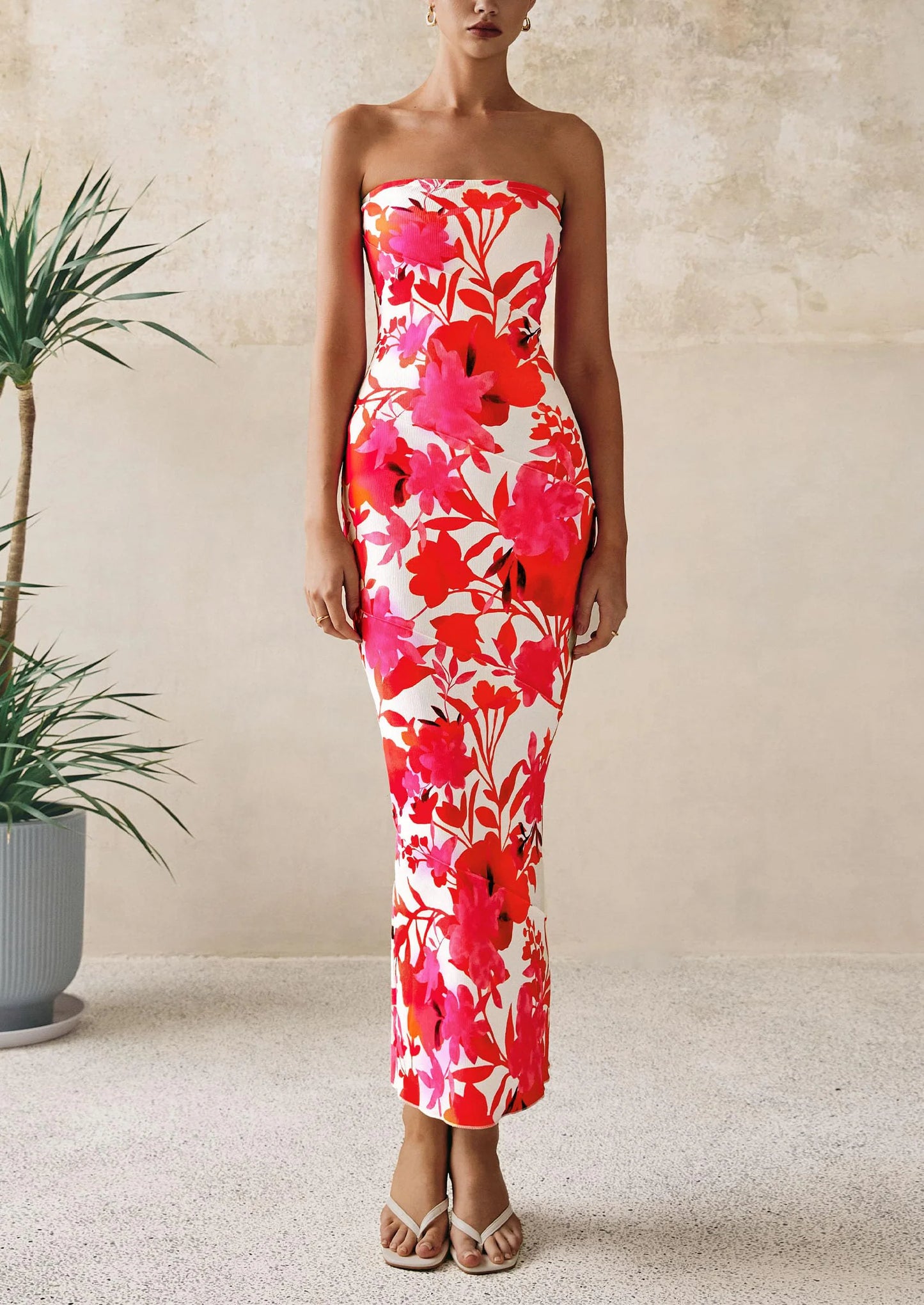 Women's Floral Bodycon Maxi Dresses Ribbed Strapless Tube Casual Boho Party Long Dress