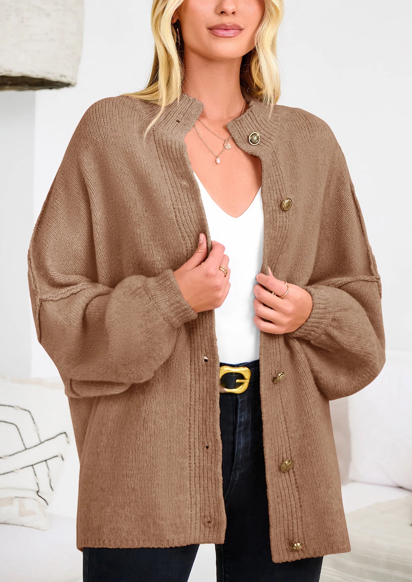 Women's Winter Button Down Cardigan Sweaters Mock Neck Lantern Long Sleeve Chunky Knit Jacket Trendy Outerwear