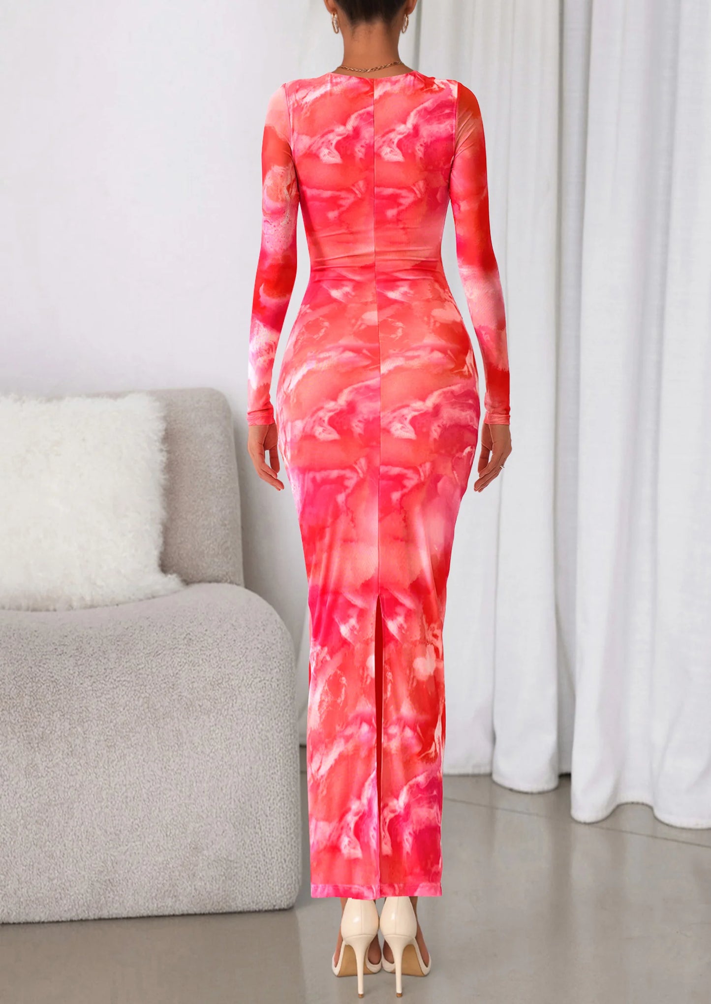 Women's Fall Wedding Guest Dresses Long Sleeve Fitted Ruched Slit Bodycon Mesh Floral Party Maxi Dress