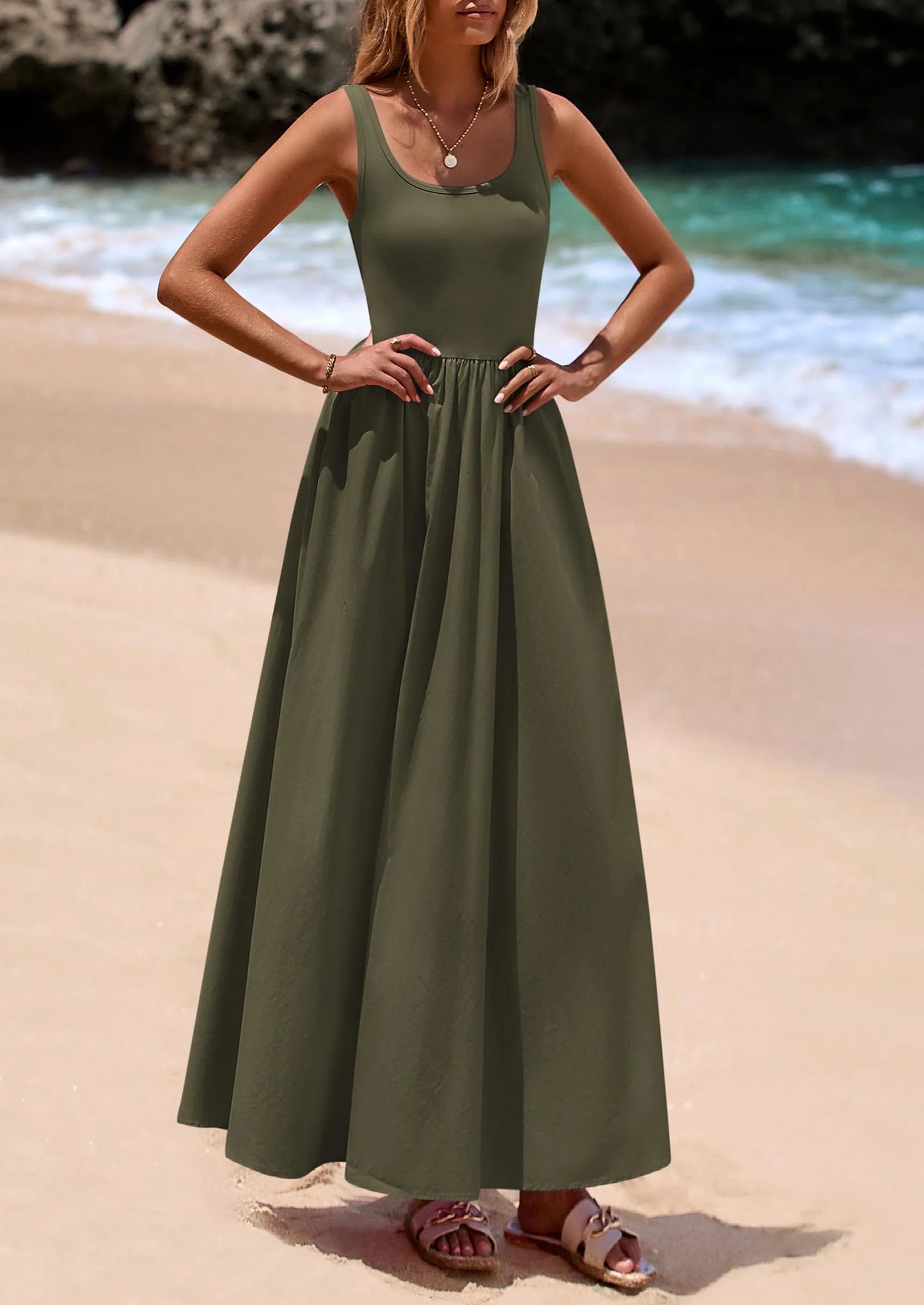 Womens Summer Casual Scoop Neck Sleeveless Long Dresses Tank Top Patchwork Aline Swing Maxi Dress with Pockets