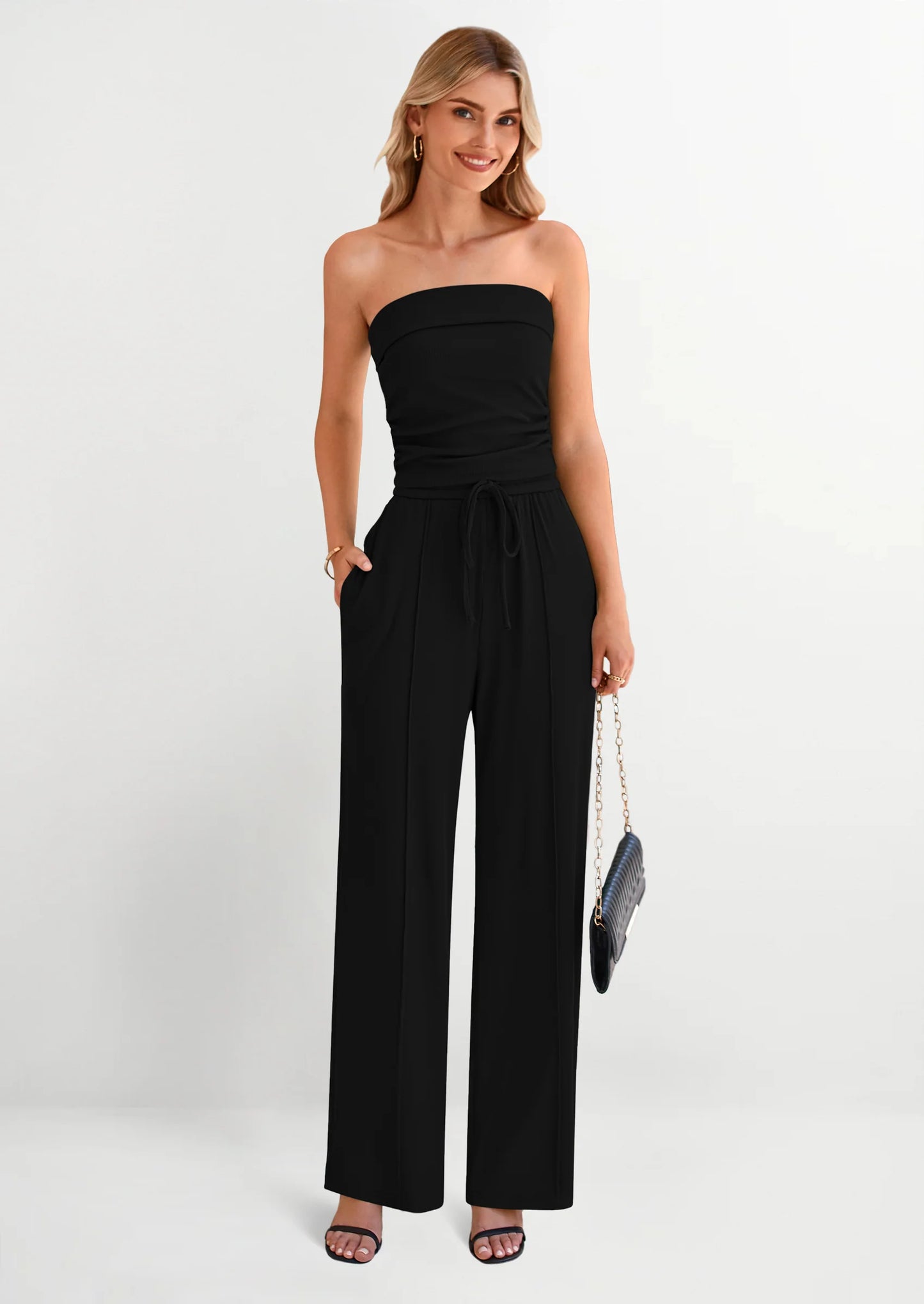 2 Piece Sets Casual Ribbed Knit Crop Tube Top Wide Leg Pants Lounge Set