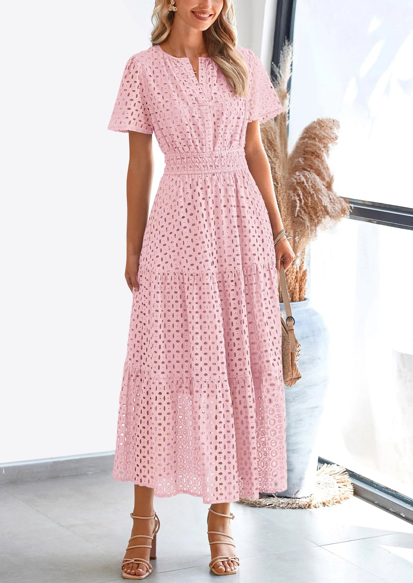 Womens Maxi Dress Short Sleeve V Neck Hollow Out Eyelet A Line Long Flowy Beach Vacation Dresses