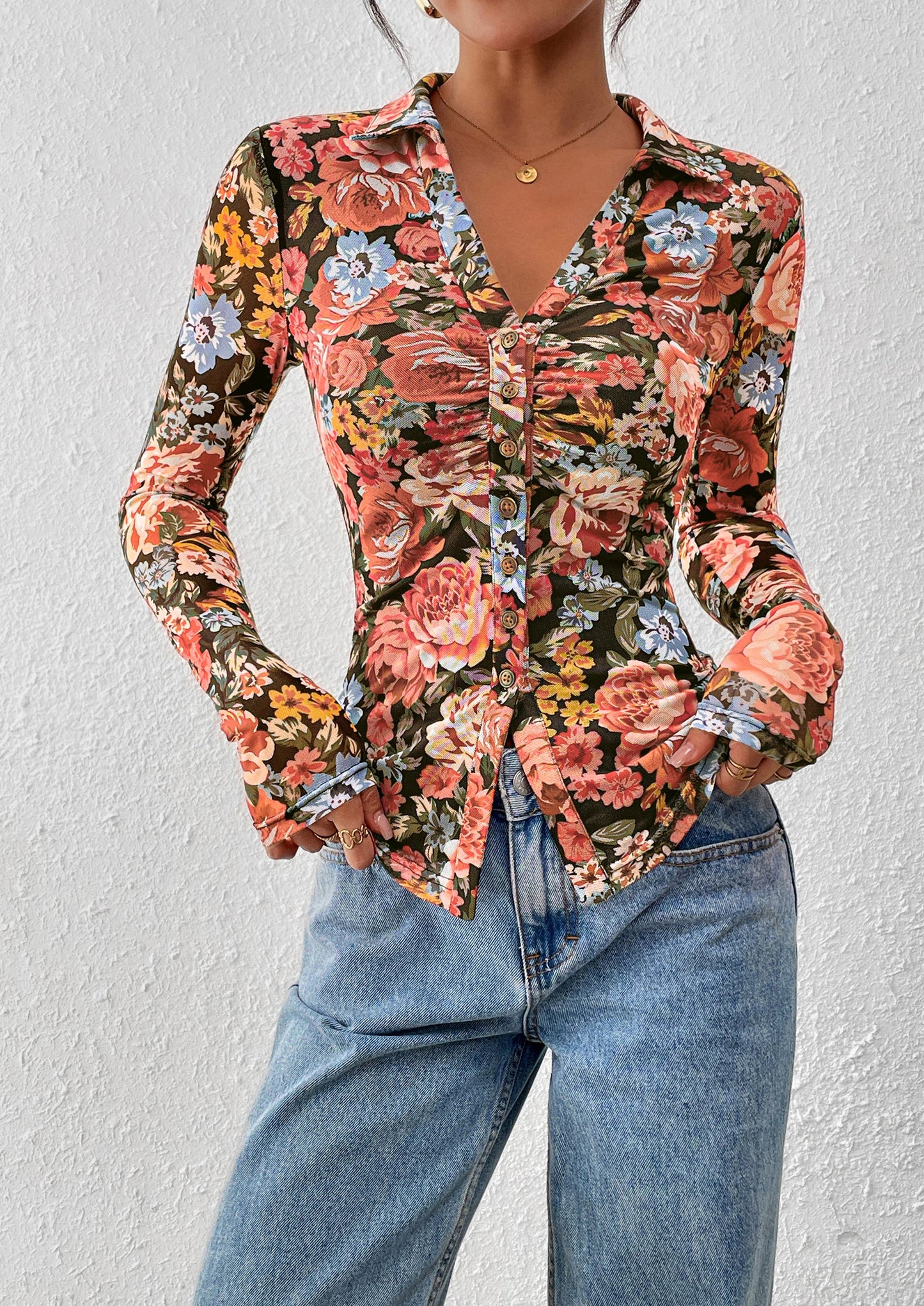 Women Button Down Floral Shirts Fall Trendy Long Sleeve V Neck Ruched Fitted Mesh Blouse Tops Date Outfits