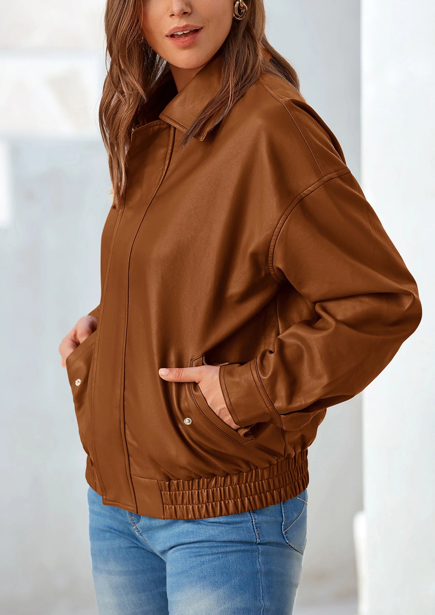 Women's Faux Leather Motorcycle Jacket Trendy Fall Spring Clothes Oversized Zip Up Winter Coat Outerwear