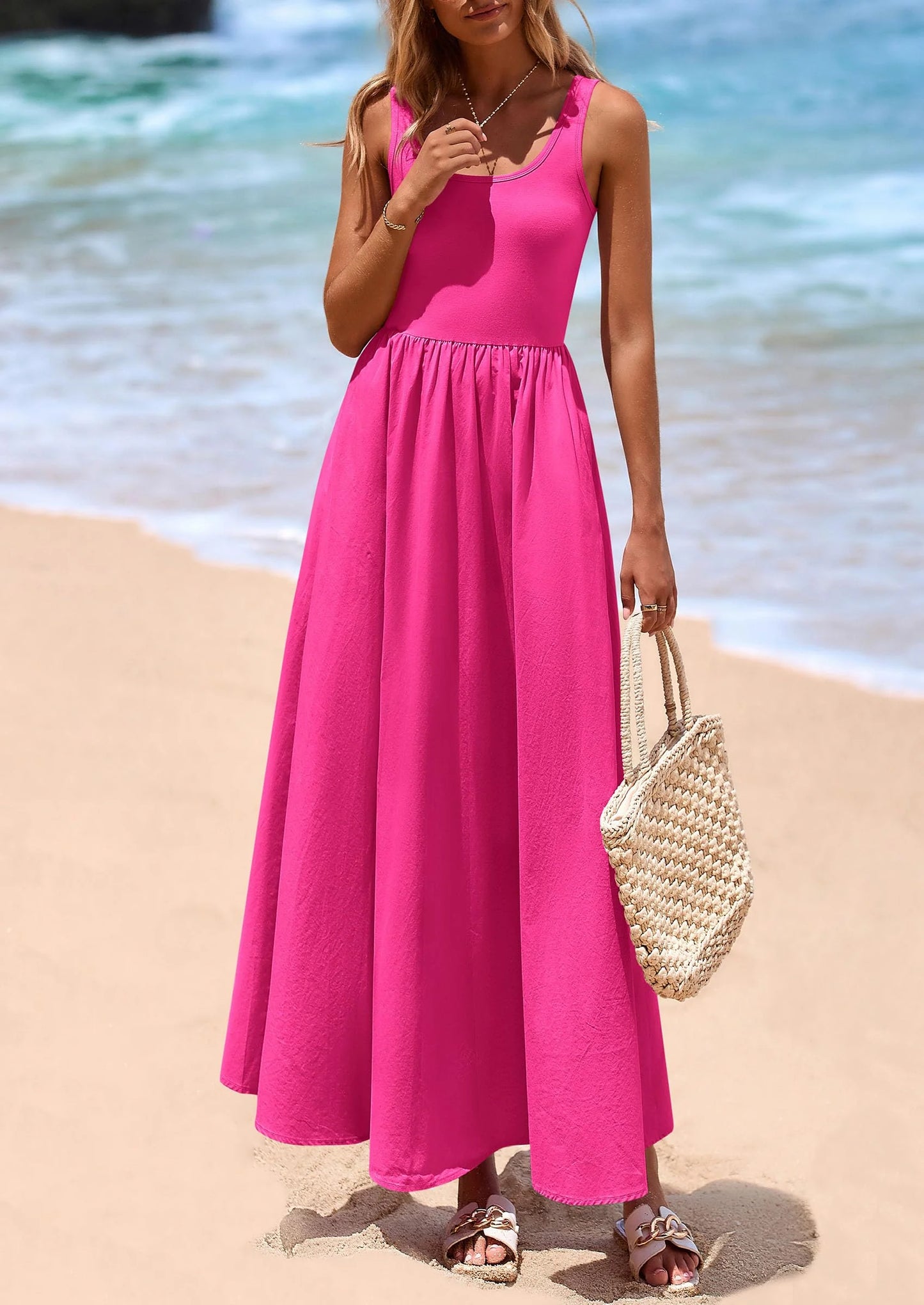 Womens Summer Casual Scoop Neck Sleeveless Long Dresses Tank Top Patchwork Aline Swing Maxi Dress with Pockets