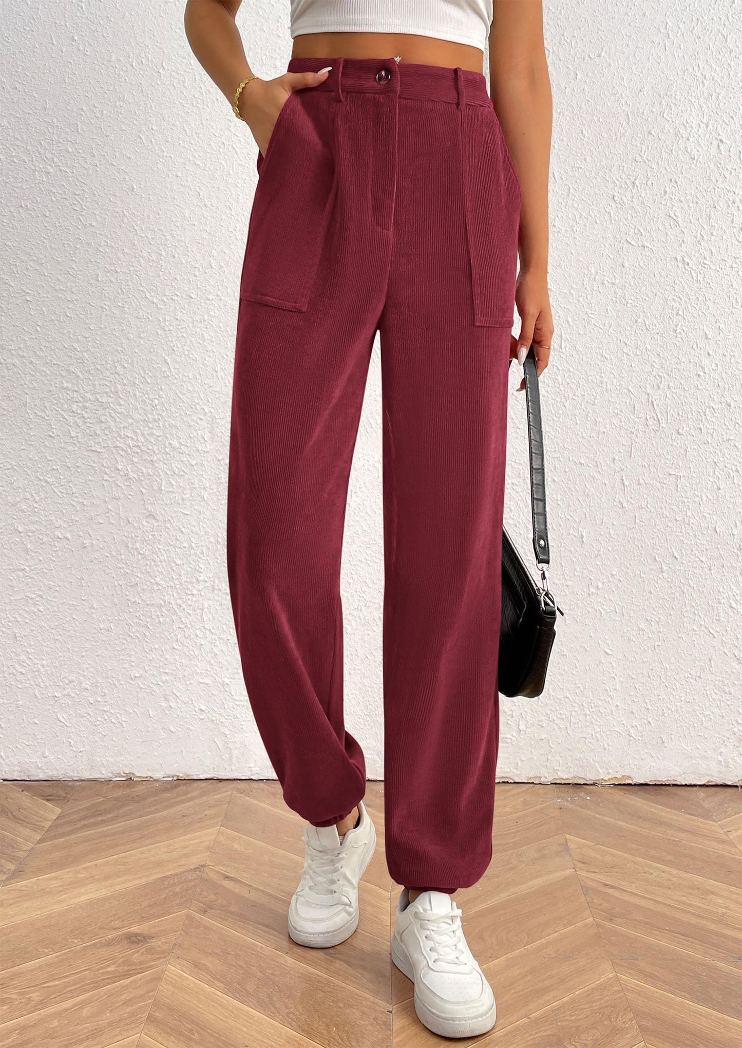 Women's Pants Dressy Casual Fall Elastic High Waisted Work Office Corduroy Trouser Slacks with Pockets