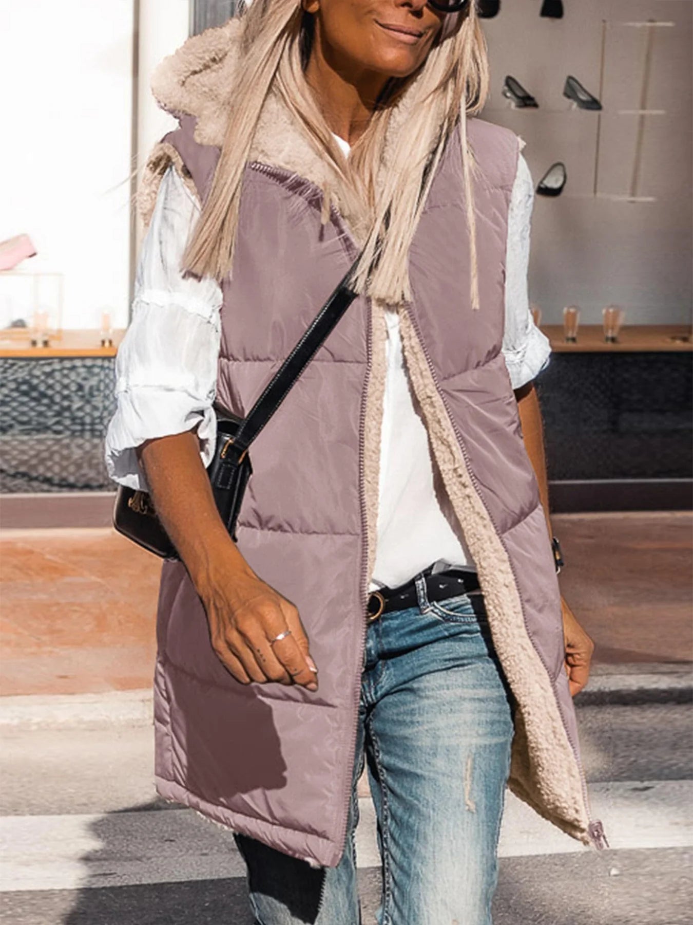 Womens Fall Reversible Vests Sleeveless Fleece Jacket Zip Up Hoodie Pockets Long Warm Winter Coat Outerwear