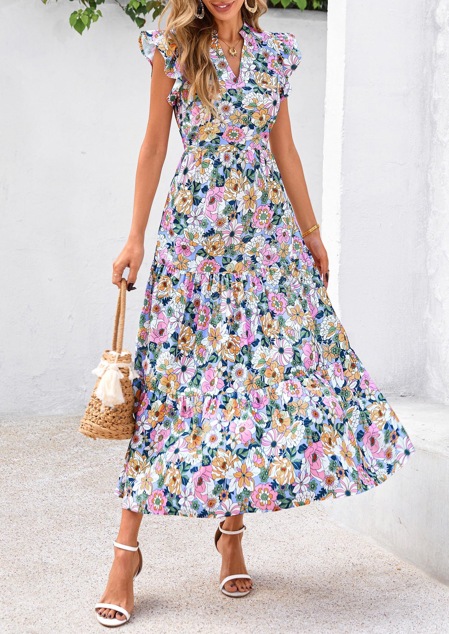 Women's Summer Floral Midi Dress Cap Sleeve V Neck Ruffle Long Flowy Boho Casual Beach Vacation Dresses