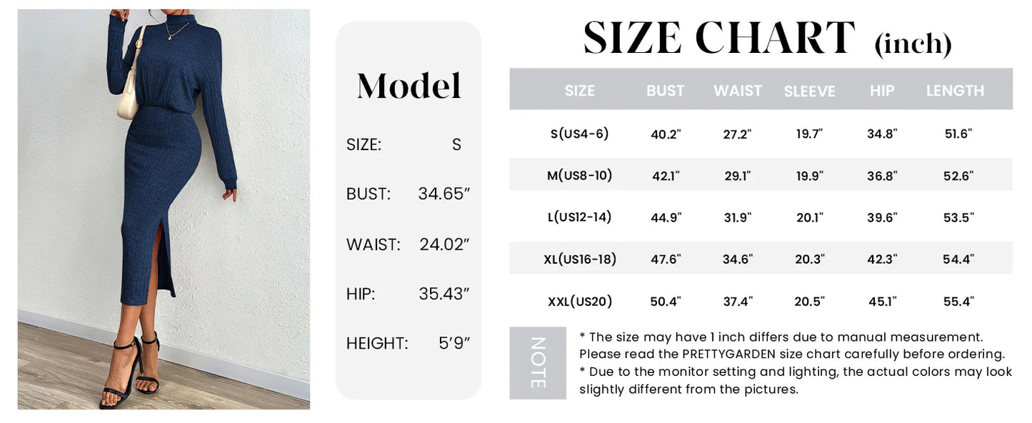 Turtle Neck Dresses for Women Fall Knit Outfits Slit Elastic Waist Long Sleeve Bodycon Midi Sweater Dress
