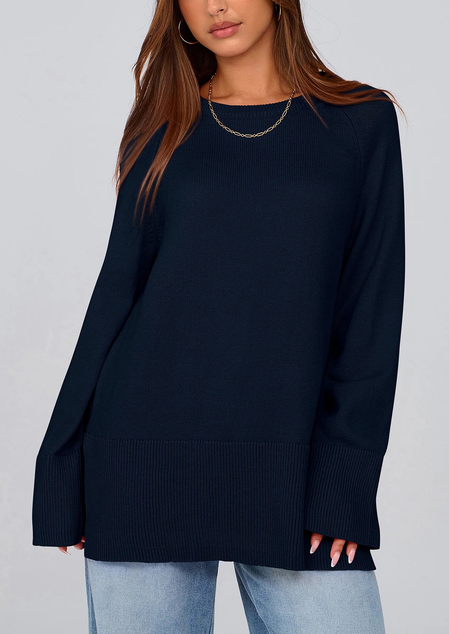 Women's Knit Fall Sweaters Long Sleeve Pullover Crewneck Split Hem Oversized Tunic Sweater Tops Winter Clothing