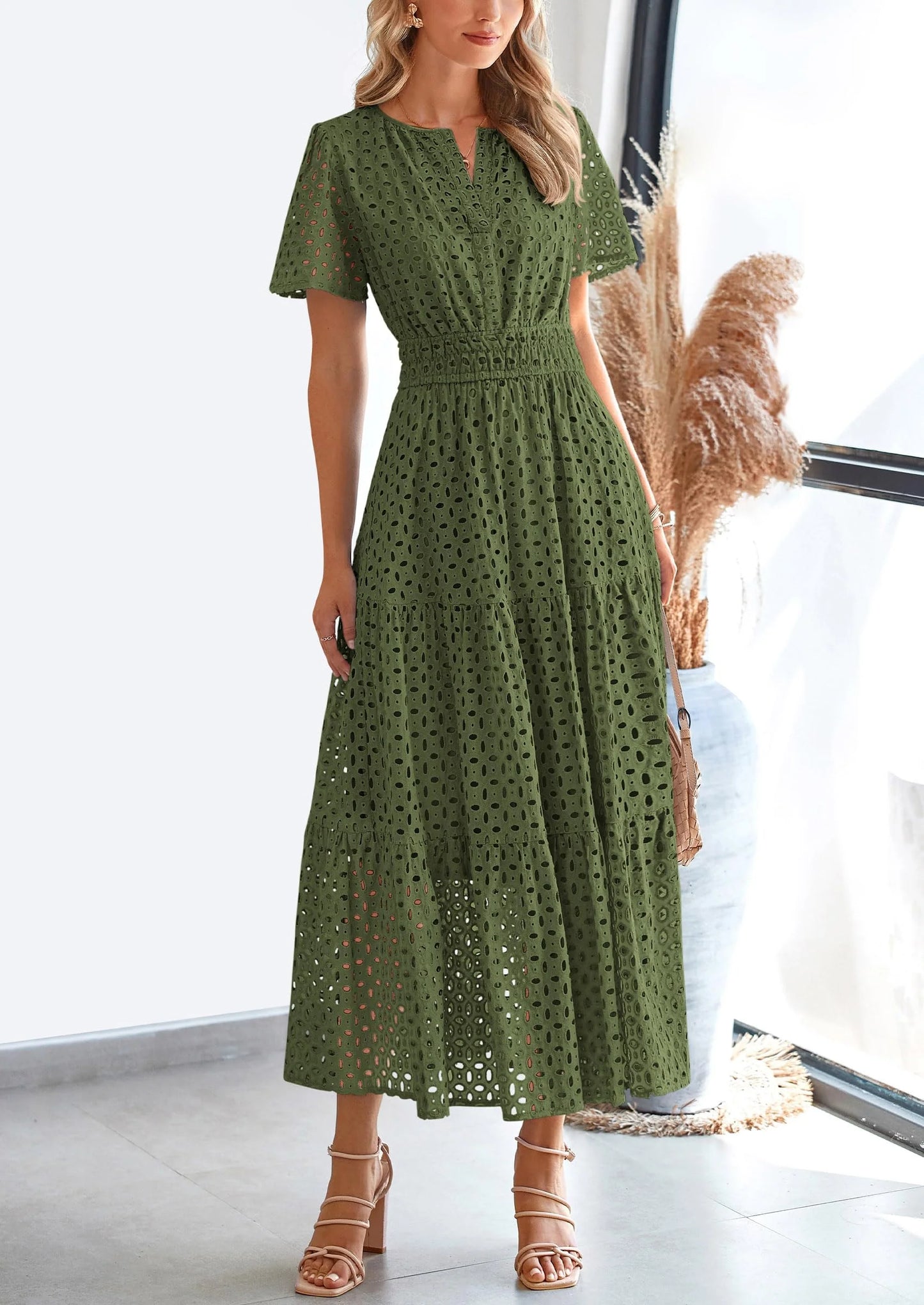 Womens Maxi Dress Short Sleeve V Neck Hollow Out Eyelet A Line Long Flowy Beach Vacation Dresses