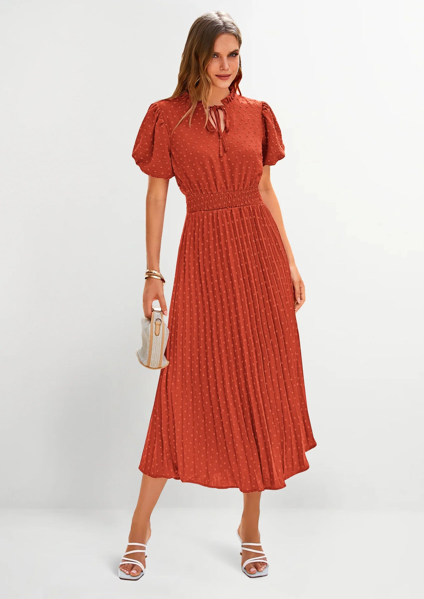 Womens Midi Dresses Puff Short Sleeve V Neck Swiss Dot Pleated A Line Flowy Long Wedding Guest Dress