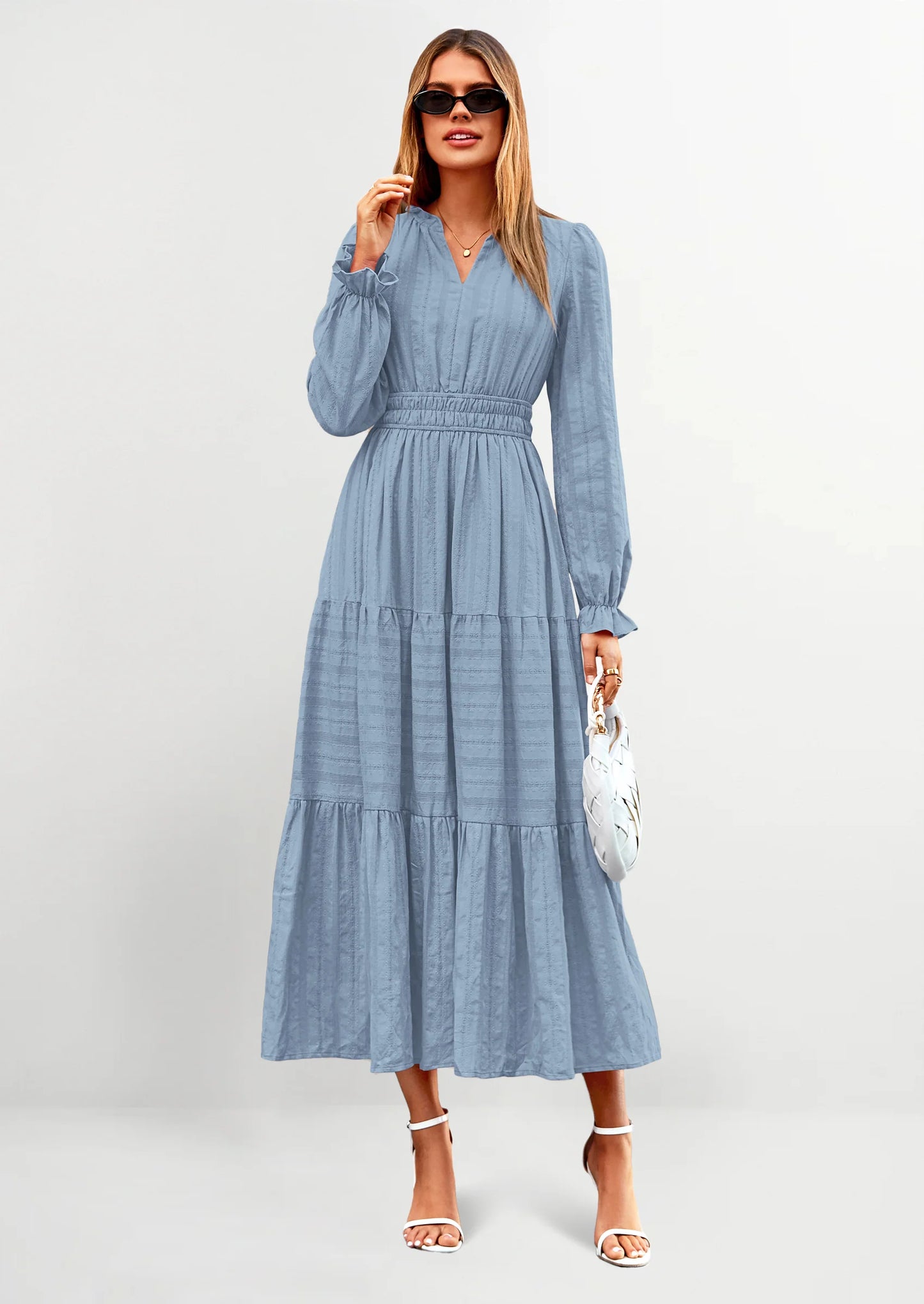 Women's Fall Wedding Guest Dresses Long Sleeve V Neck Flowy Elegant Holiday Party Maxi Dress with Pockets