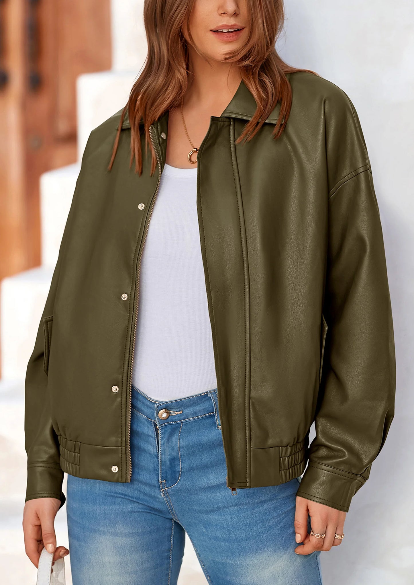Women's Faux Leather Motorcycle Jacket Trendy Fall Spring Clothes Oversized Zip Up Winter Coat Outerwear