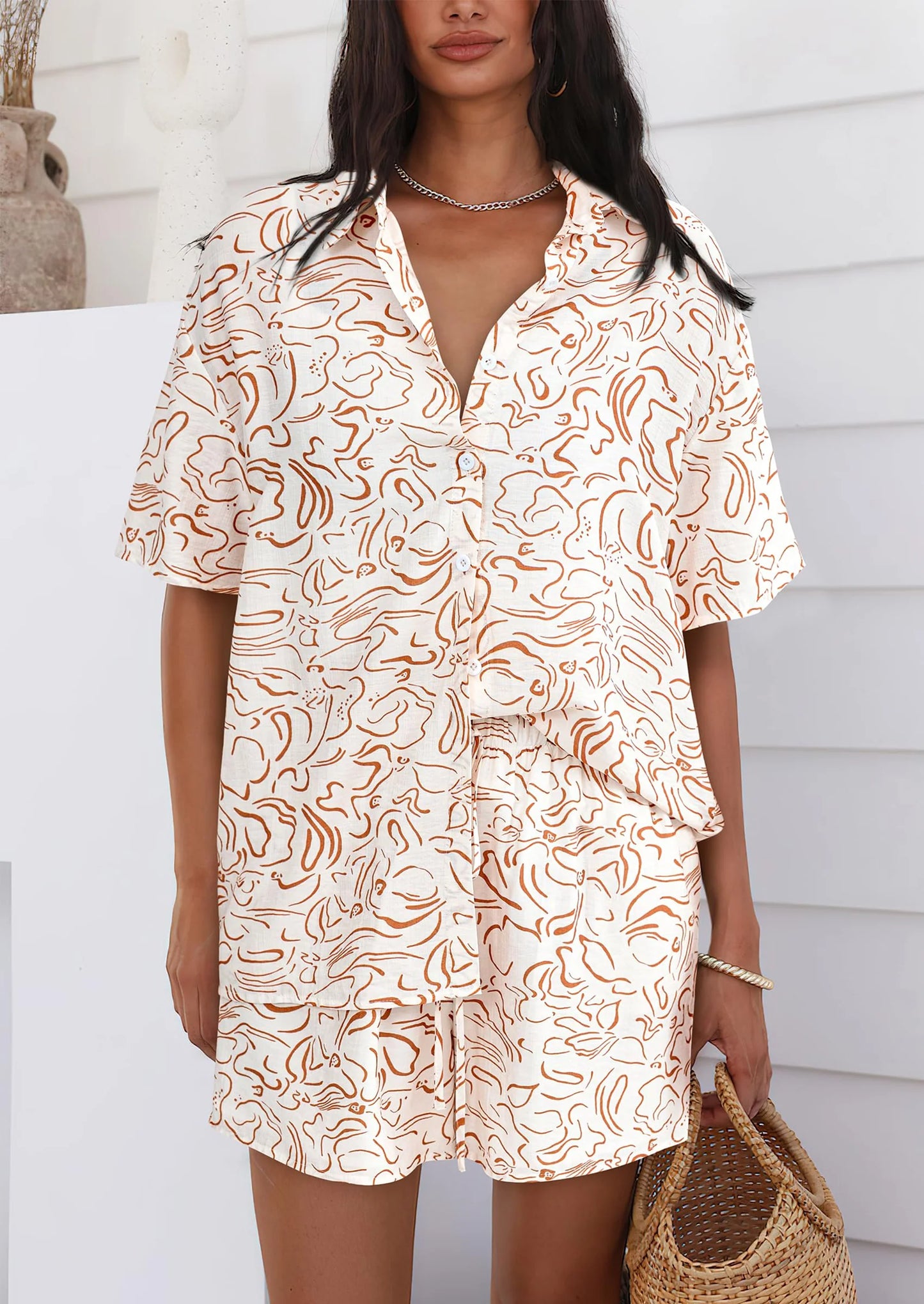 Women Summer 2 Piece Sets Printed Short Sleeve Tops Lounge Shorts Beach Vacation Outfits